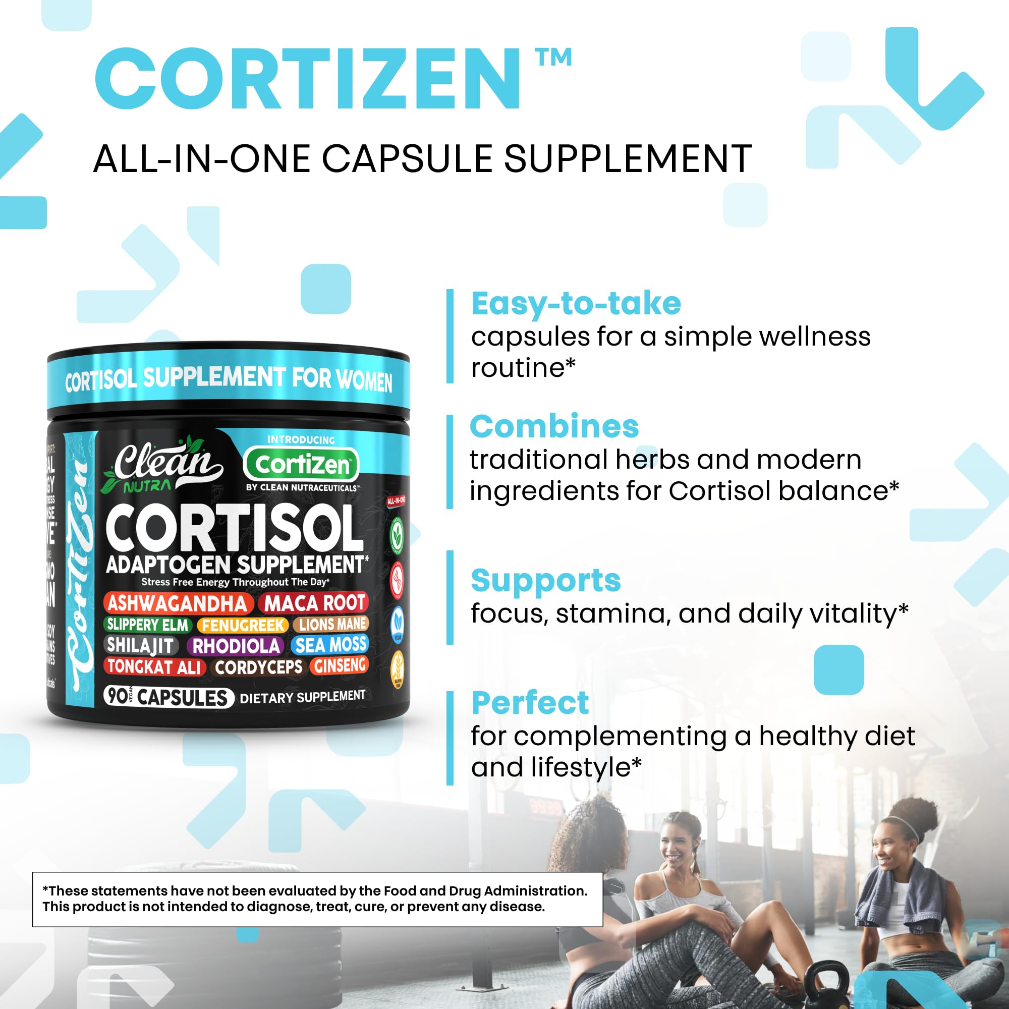 Clean Nutra Cortisol Supplements For Women | Maca Root Ashwagandha Cortisol Detox Manager Reducer + Slippery Elm Fenugreek Lions Mane Shilajit Rhodiola Sea Moss Tongkat Ali Cordyceps Ginseng Beet Root