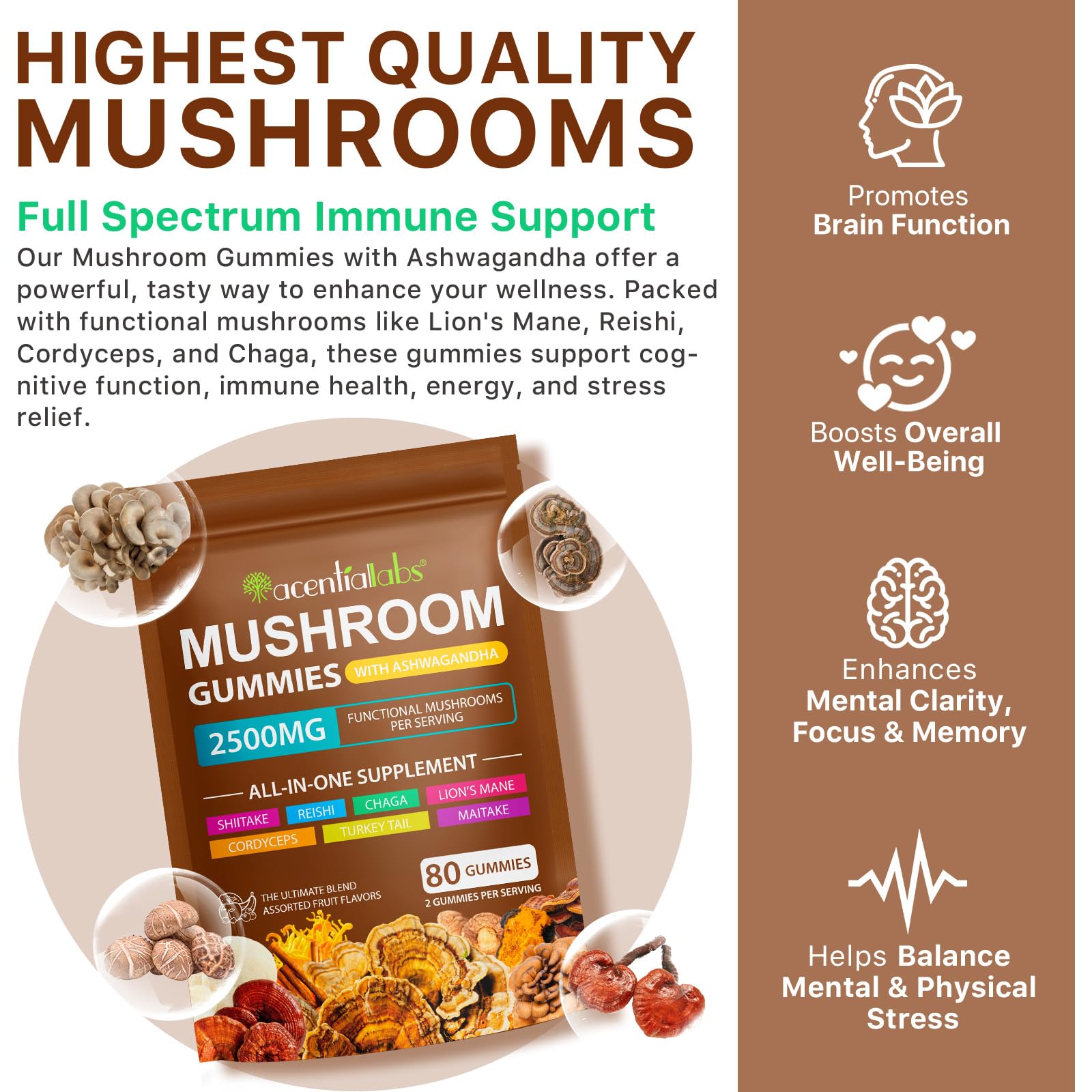 Lions Mane Mushroom Gummies Supplement Blend Organic Reishi, Cordyceps & More, Boosts Energy, Memory, Immunity - 80 Gummies (2)