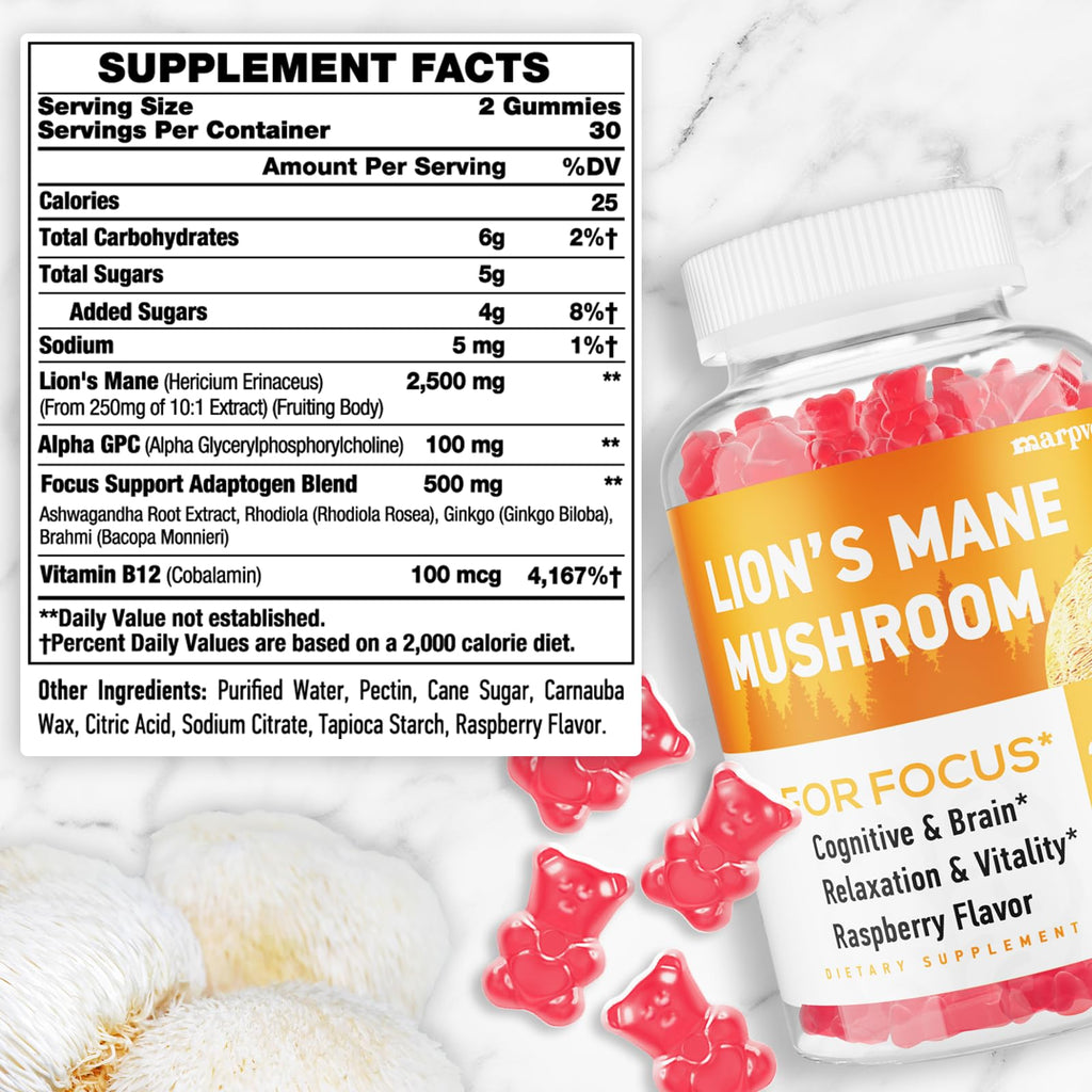 Lions Mane Gummies with Ashwagandha & Alpha GPC – Organic Lion's Mane, 60 Count