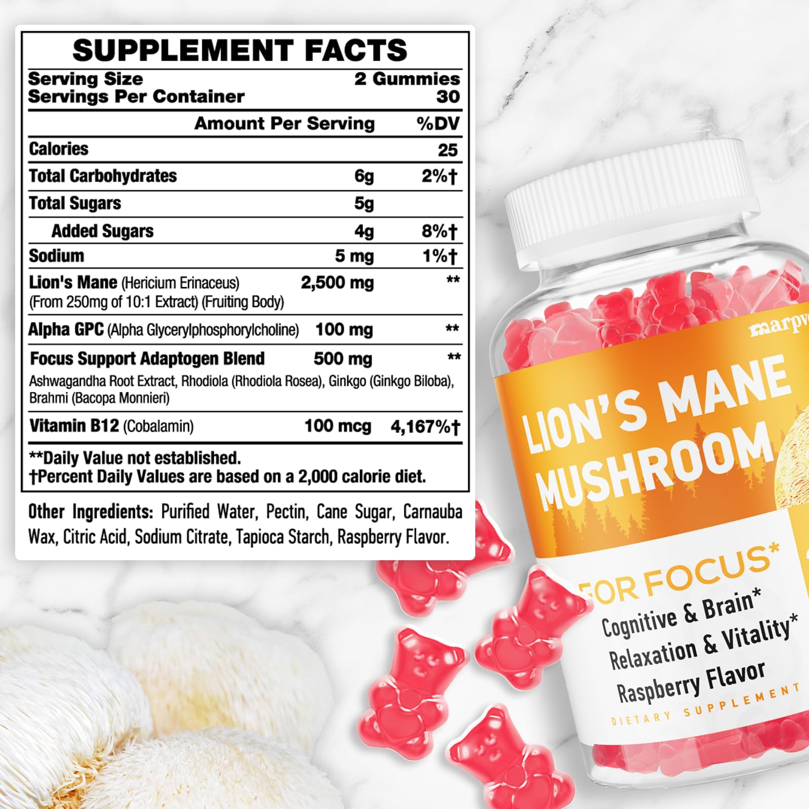 Lions Mane Gummies with Ashwagandha & Alpha GPC – Organic Lion's Mane, 60 Count