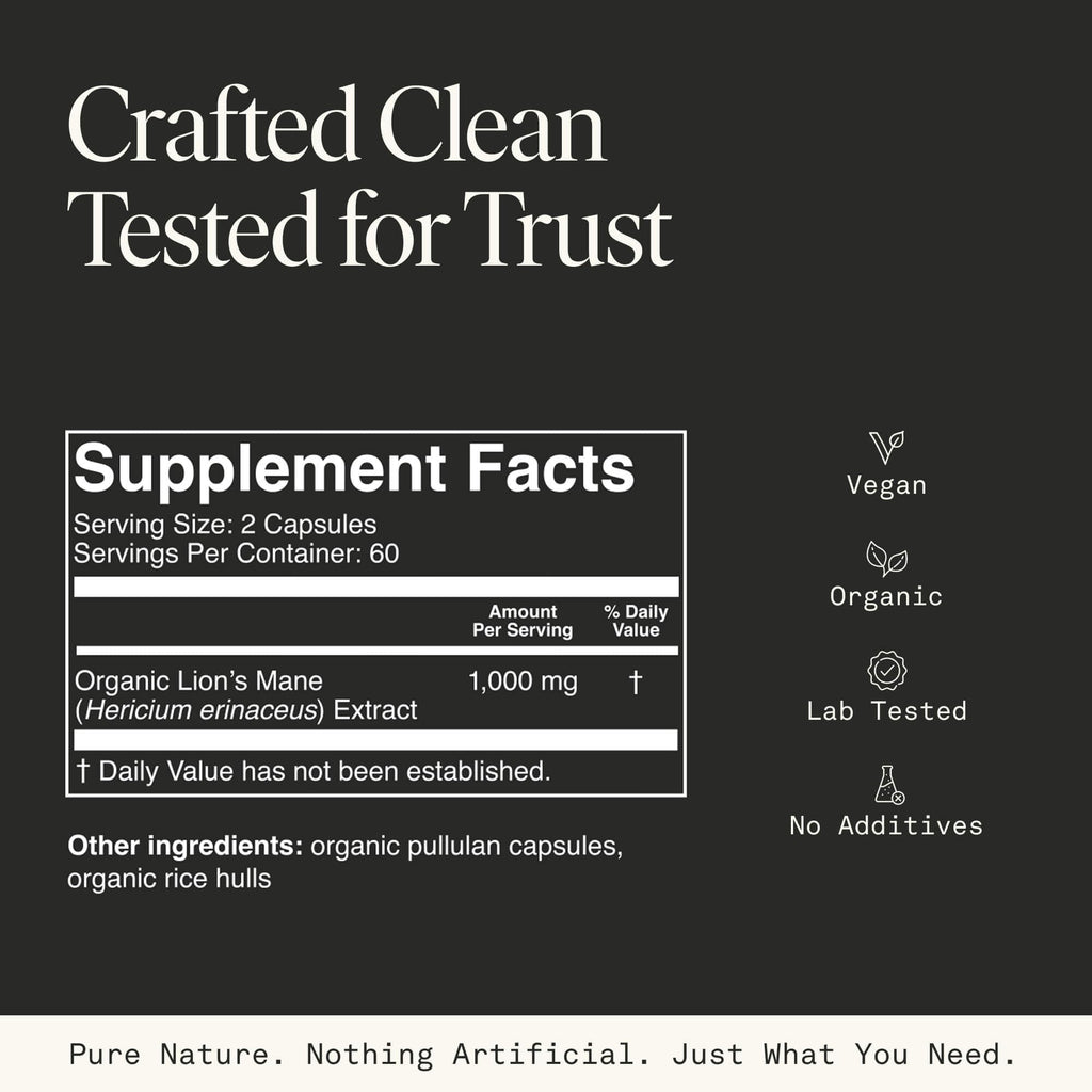 Lions Mane Mushroom Capsules – Memory, Focus & Mood Support | USDA Organic, Vegan, 120 Caps