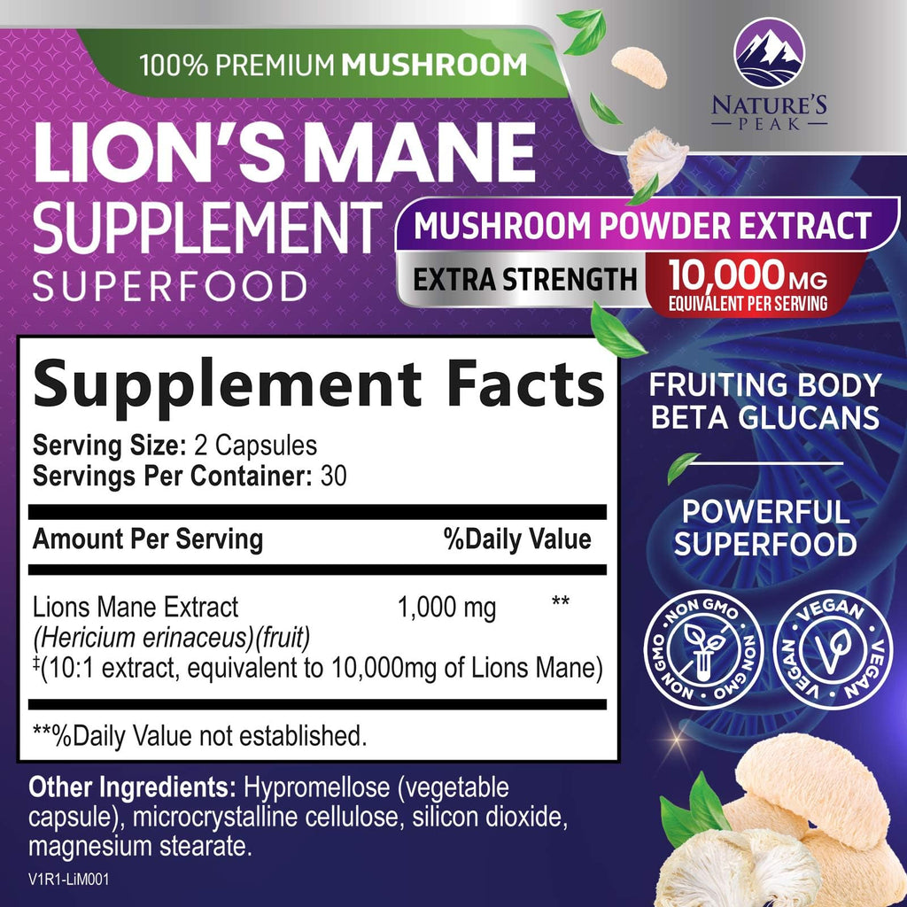Lions Mane Mushroom Capsules 10,000mg – Memory & Focus Support | Vegan | USA Bottled | 60 Count