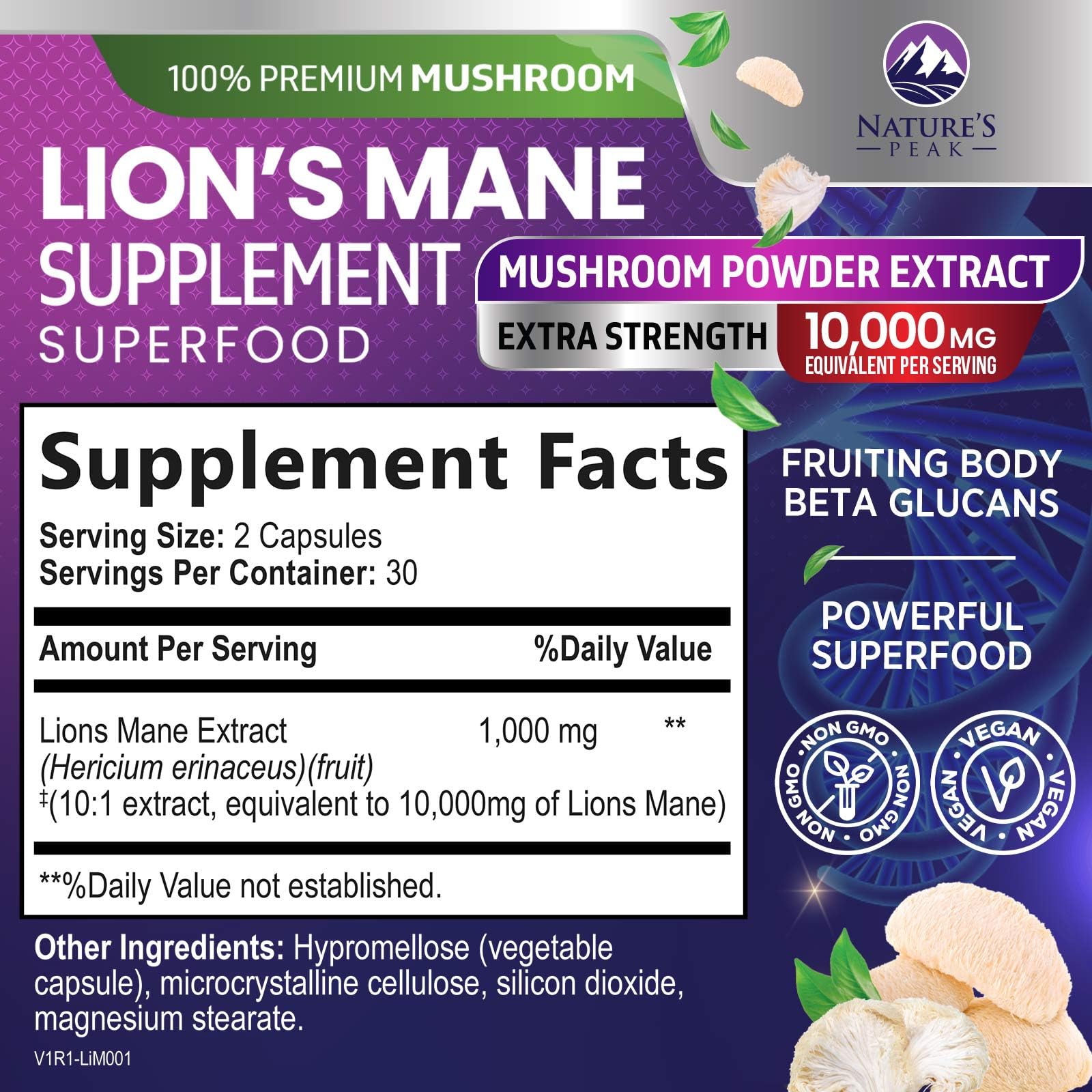 Lions Mane Mushroom Capsules 10,000mg – Memory & Focus Support | Vegan | USA Bottled | 60 Count