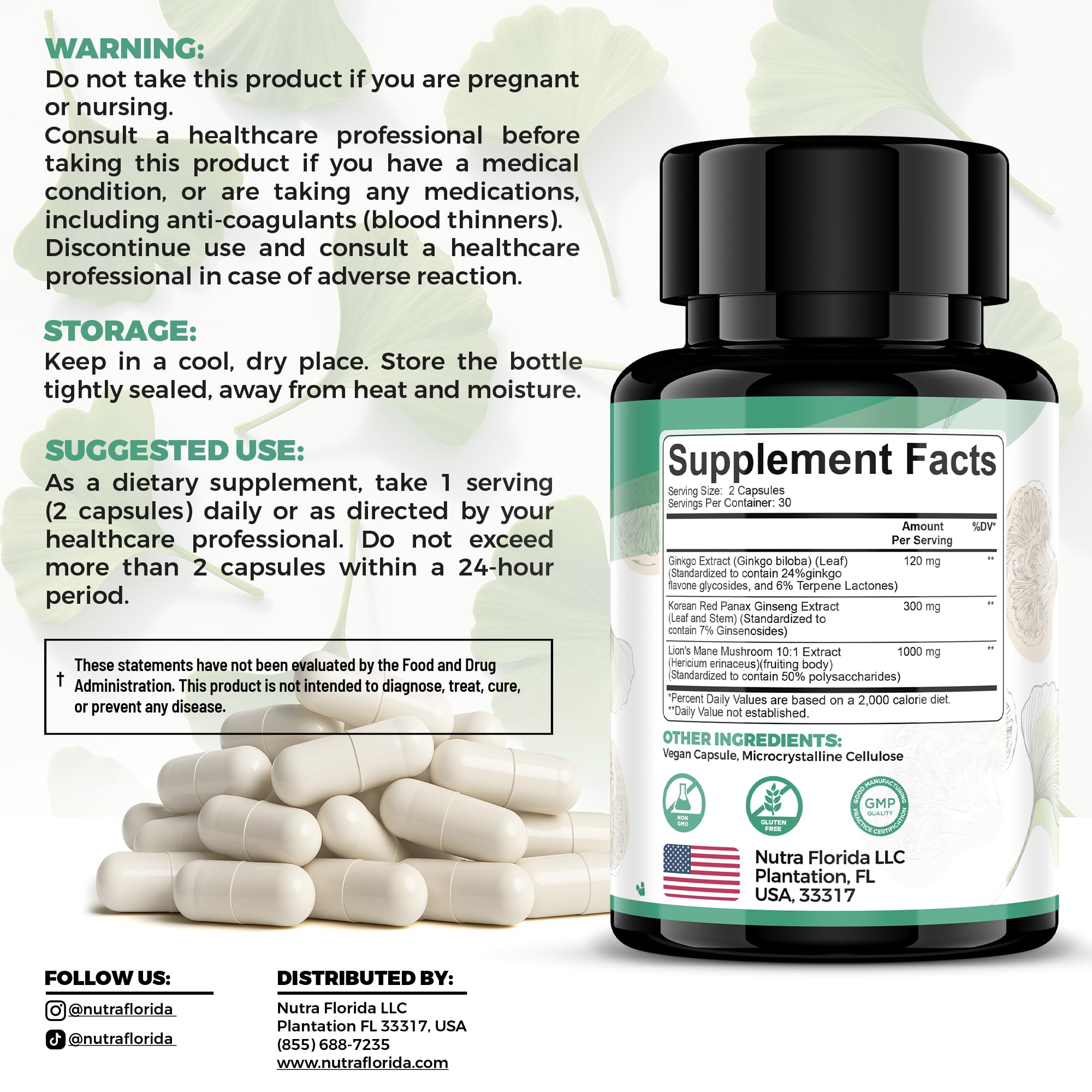 Ginkgo Biloba 120mg, Korean Red Ginseng 300mg & Lion's Mane 1000mg – Vegetarian Brain Supplement