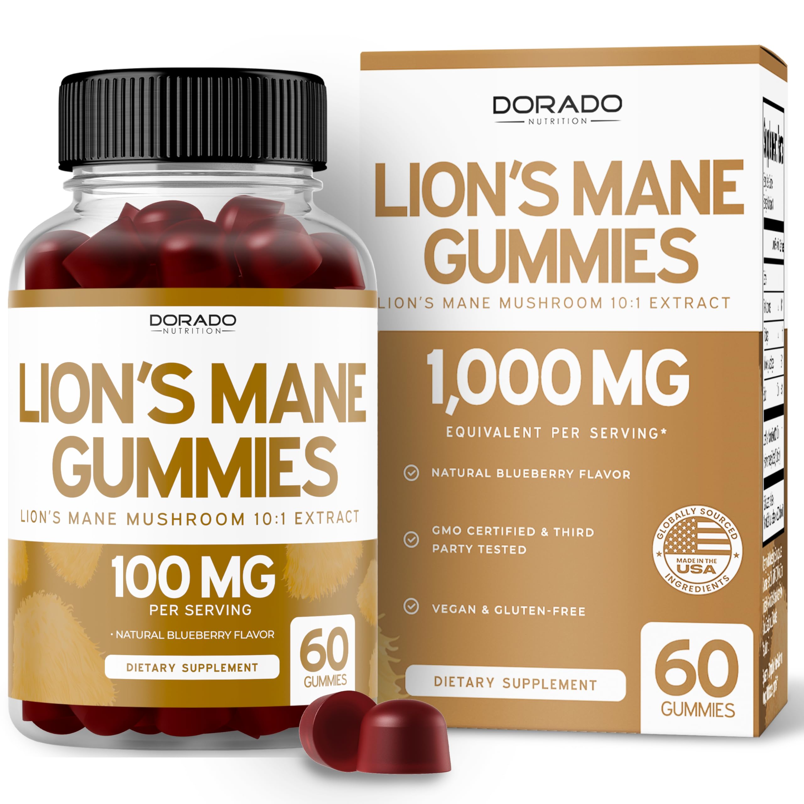 Lions Mane Gummies 60 Count – Blueberry Flavor, Brain Support, USA Made