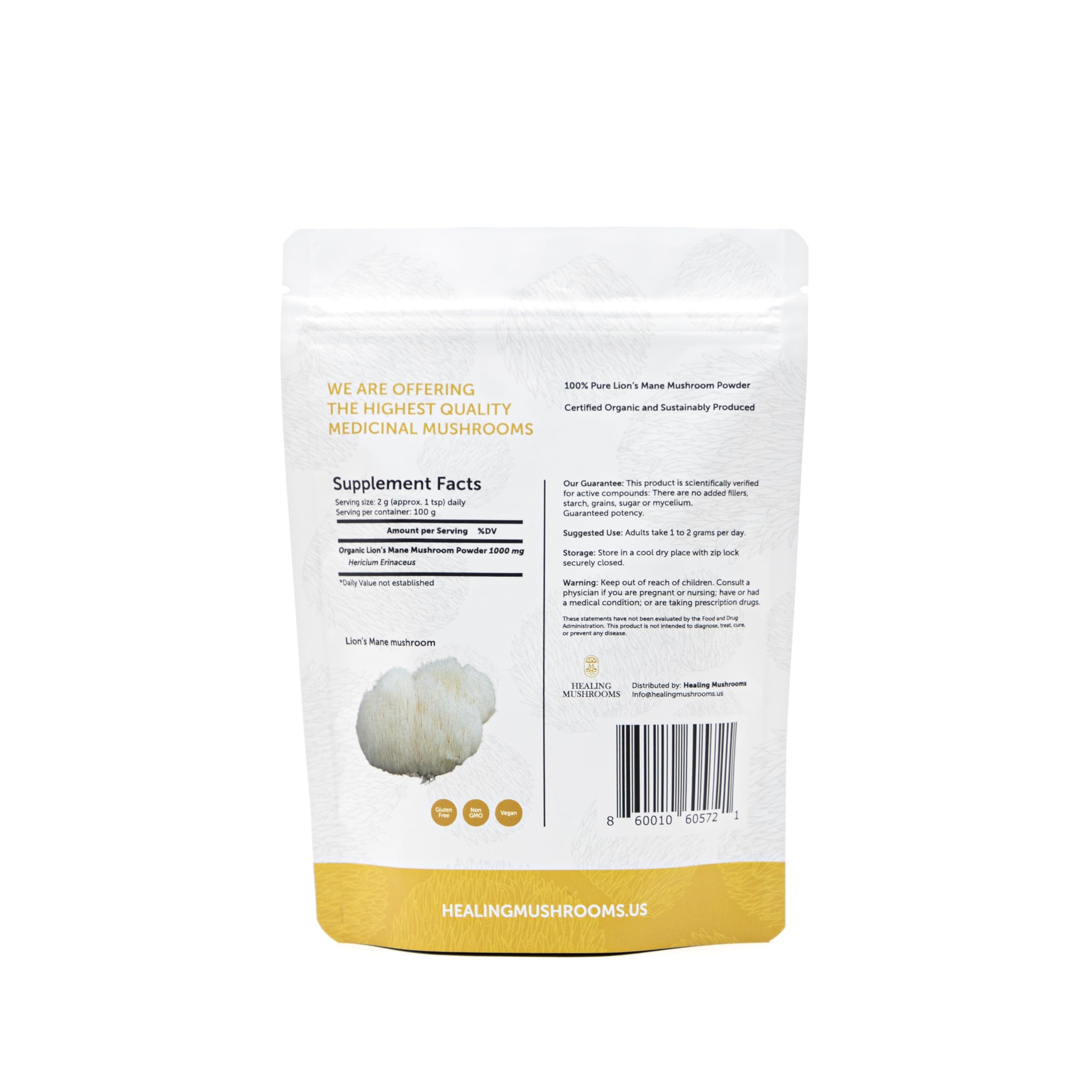 Healing Mushrooms Lion's Mane Pure Powder – Brain Superfood for Clarity, Memory & Focus (100 g)