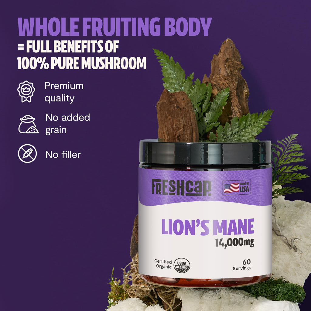 FreshCap Mushrooms Lions Mane Supplement Powder – 14,000mg per Serving, Organic Lions Mane Extract for Focus & Memory (60 Servings)