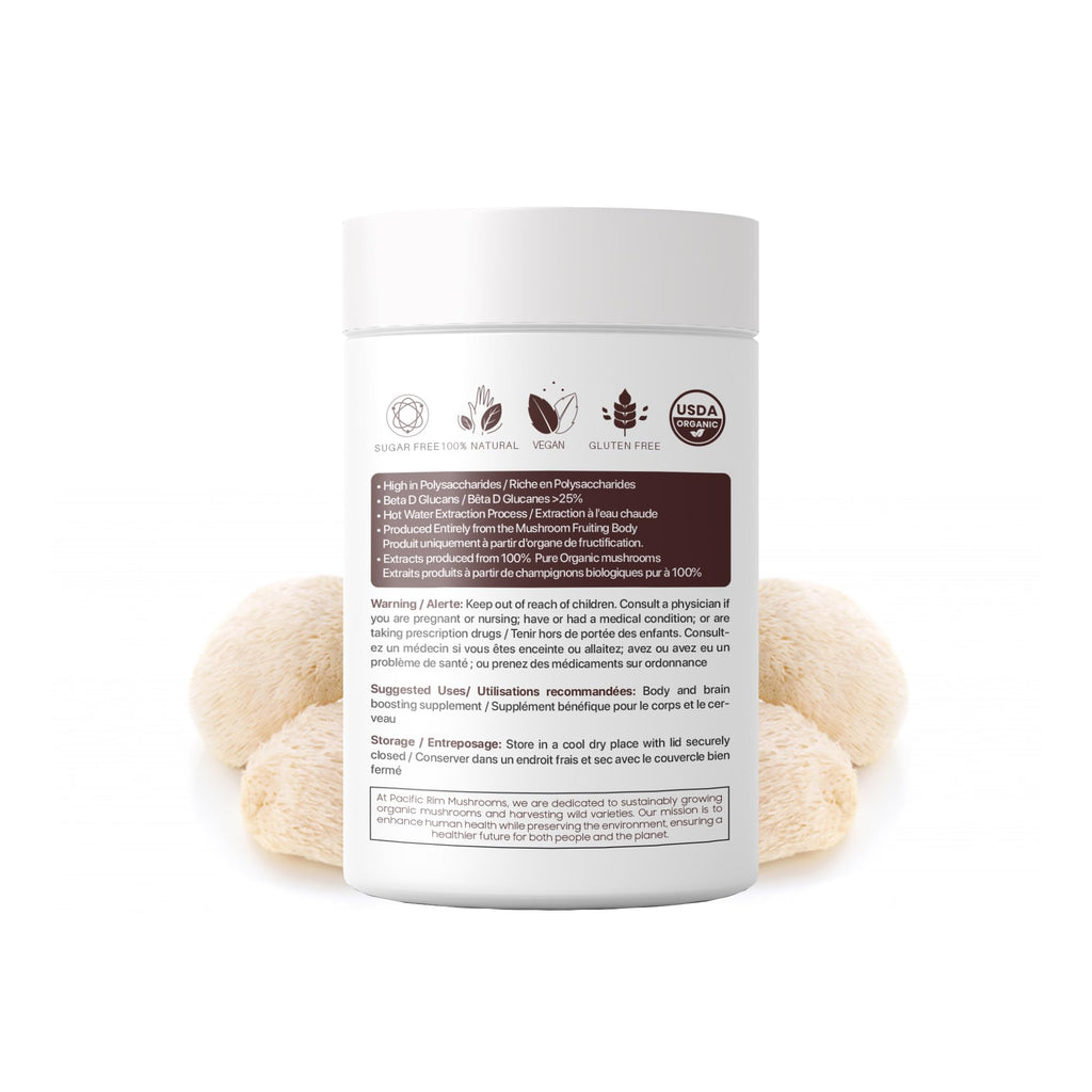 Pacific Rim Mushrooms Lions Mane Supplement Powder Ultra Strength 10:1 Organic Lions Mane Mushroom Supporting Memory, Cognition, Brain Health, 8 Ounces / 226 Servings