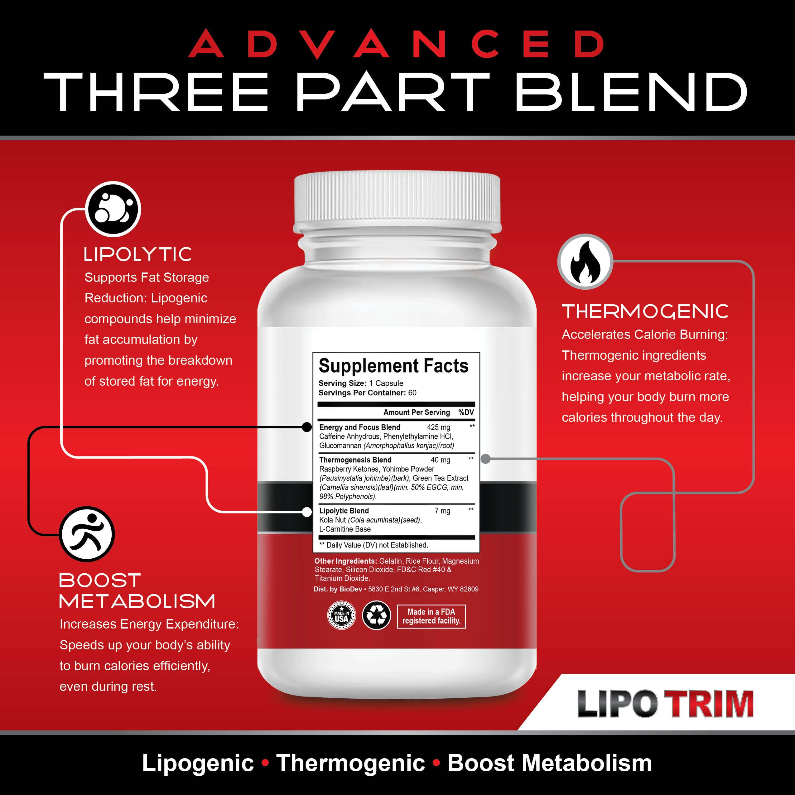 Lipo Trim - Advanced Lipogenic Thermogenic Diet Pills – Boost Energy, Focus, and Fat Loss – 60 Capsules