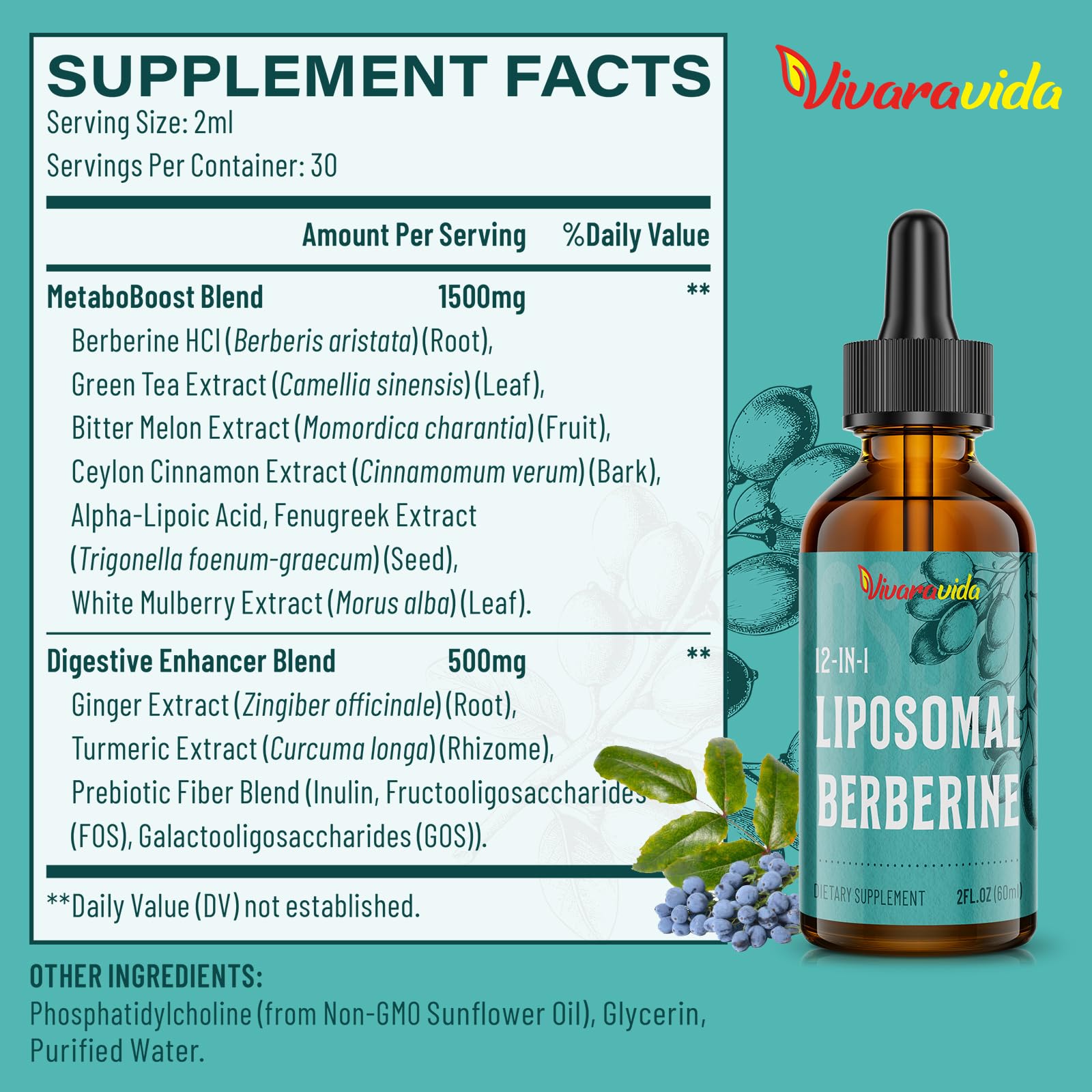 Vivaravida Berberine HCl Drops 3000 mg | Liposomal Berberine HCl Liquid