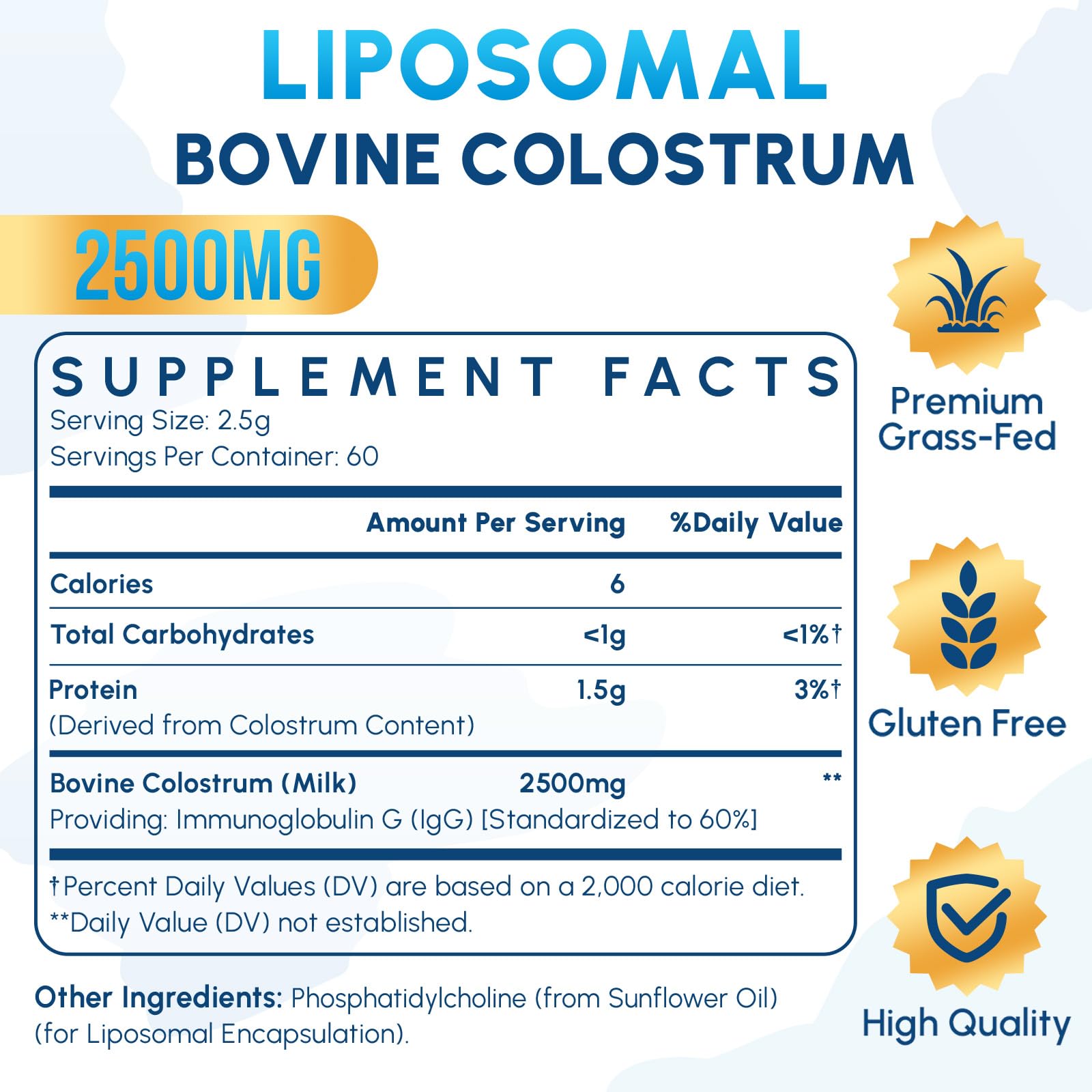 Liposomal Bovine Colostrum Powder 2500 mg | 60 Servings | Higher Absorption
