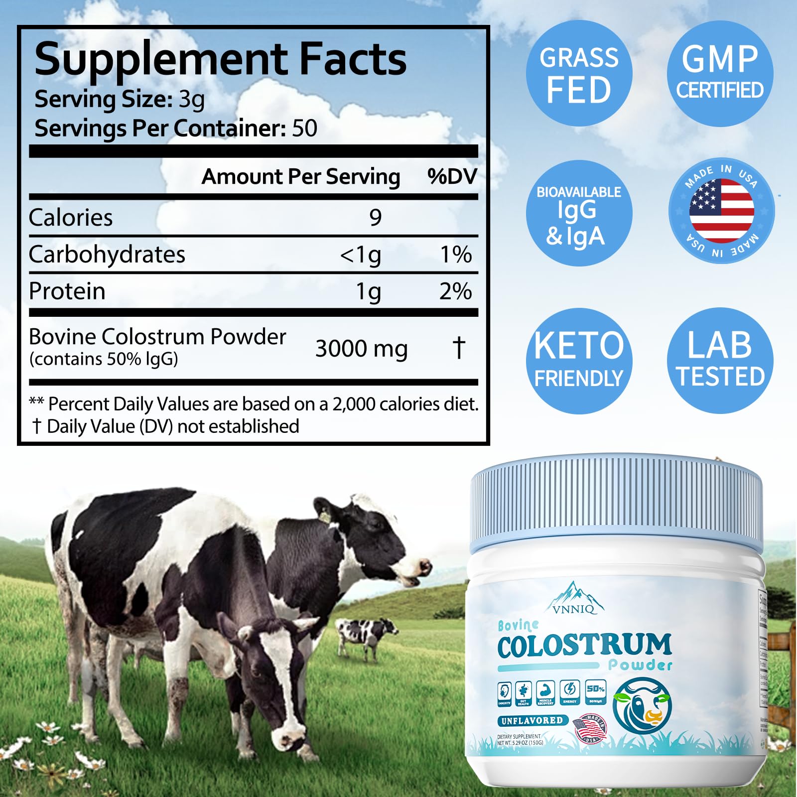 VNNIQ Bovine Colostrum Powder – 3X Absorption, 3,000 mg IgG, Organic Grass-Fed, Ultra-Low Temp Freeze-Dried, 50 Servings