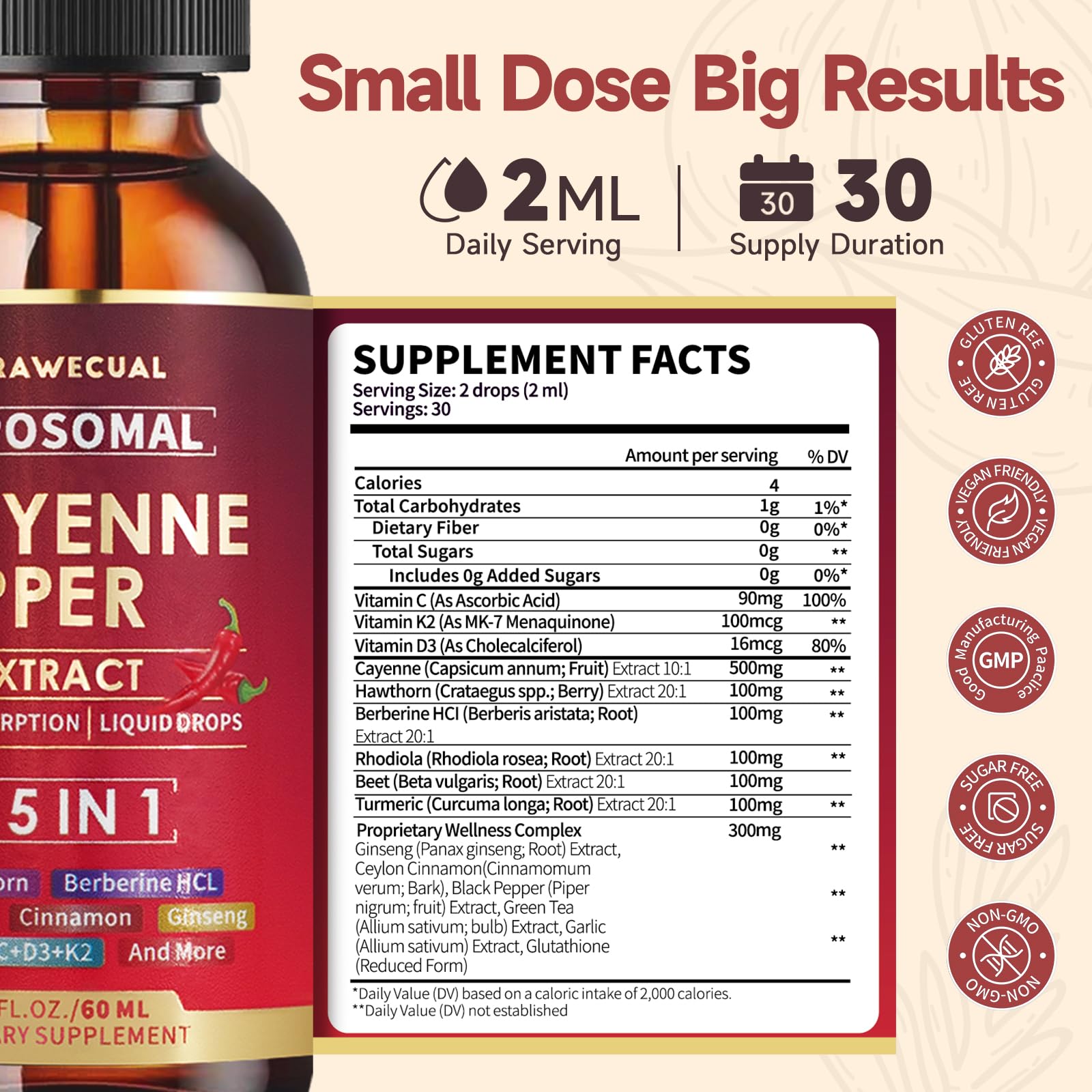 15-in-1 Liposomal Cayenne Pepper Drops with Vitamin D3 & K2 – Circulation & Digestion Support, 2 oz