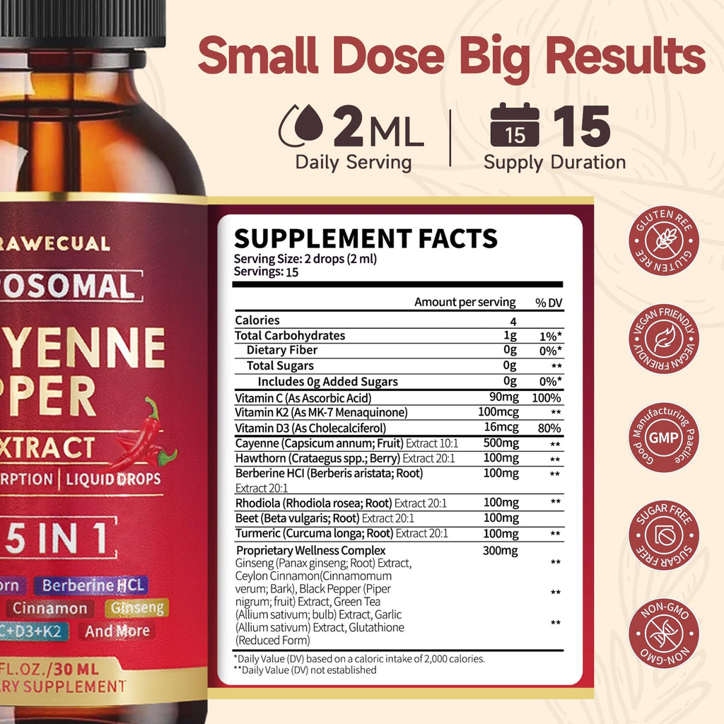 Liposomal Cayenne Pepper Liquid Drops – 15-in-1 Formula with D3, K2, Berberine for Circulation, Metabolism & Digestion | 1 fl oz