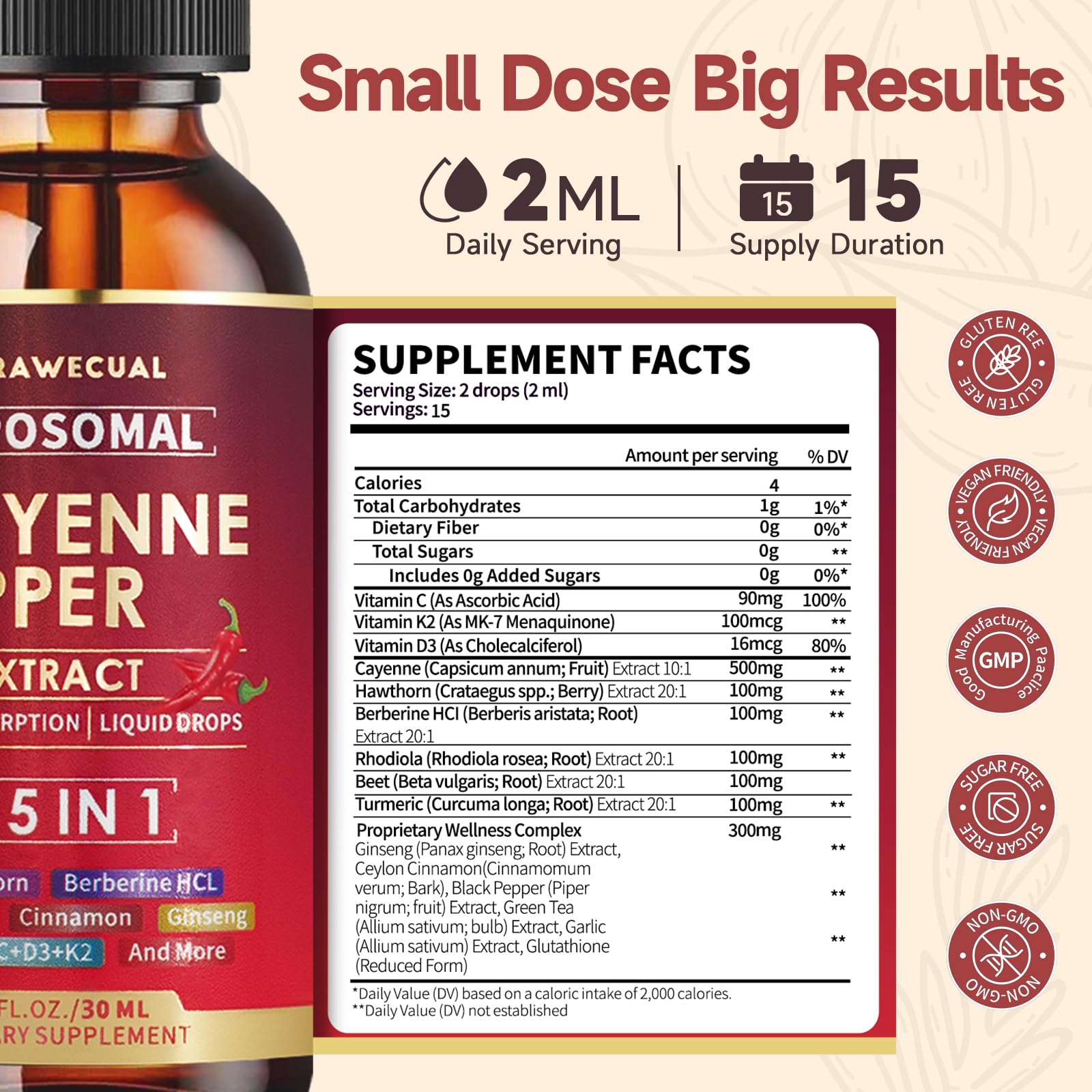 Liposomal Cayenne Pepper Liquid Drops – 15-in-1 Formula with D3, K2, Berberine for Circulation, Metabolism & Digestion | 1 fl oz