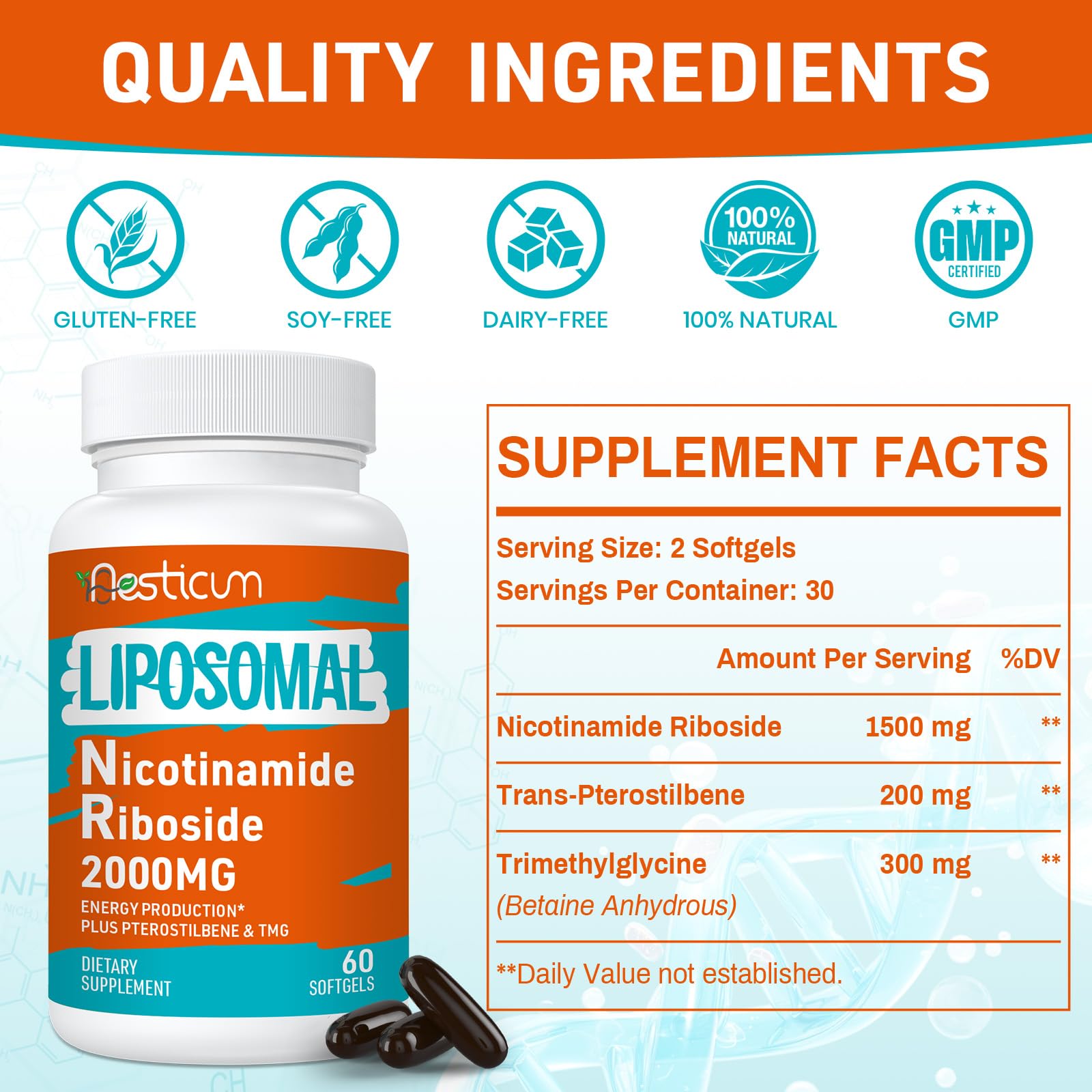 2000 mg Nicotinamide Riboside NMNH Supplement Alternative – Liposomal NAD+ with TMG & Pterostilbene | 60 Softgels