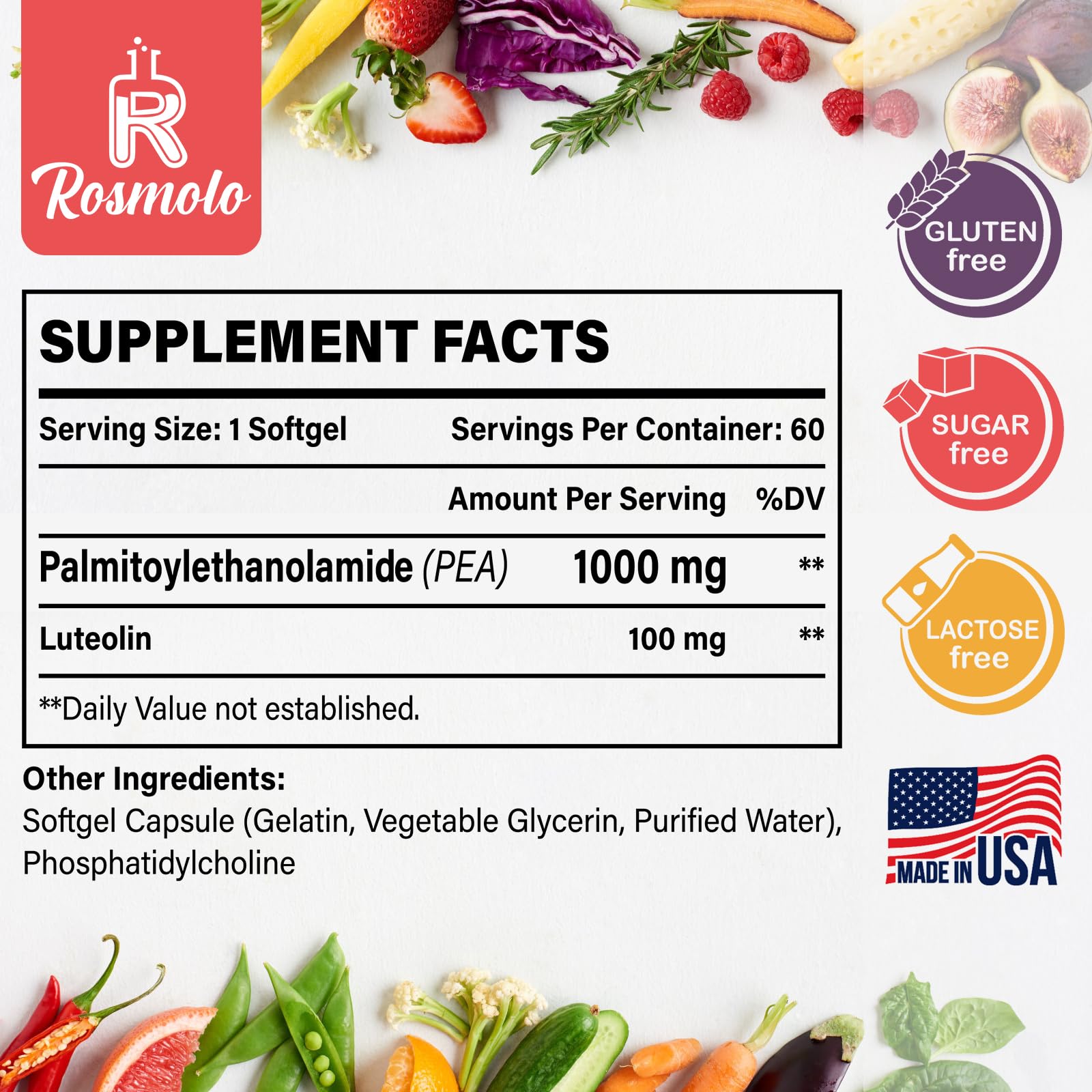 Liposomal Palmitoylethanolamide (PEA) 1000 mg + Luteolin 100 mg | Micronized 99% Purity | 360 Softgels