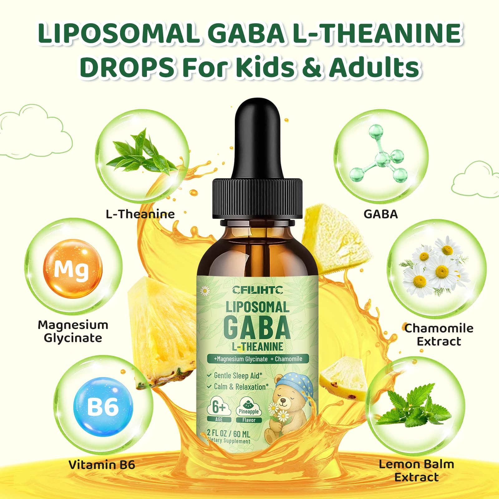 2 Pack Liposomal GABA L-Theanine Drops for Kids – Pineapple | Calm, Focus & Stress Relief