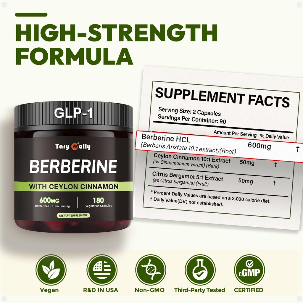 Liposomal GLP-1 Supplement for Metabolic Support - Berberine 600mg + Bergamot & Cinnamon - 180 Capsules (90-Day Supply)