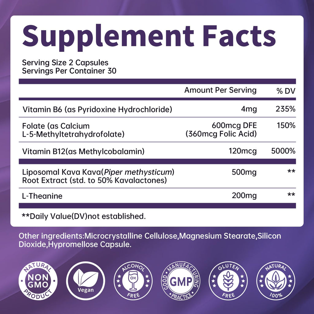 Kava Kava Root Extract - Liposomal Kava + L-Theanine, 50% Kavalactones, Sleep & Mood Support, 60ct
