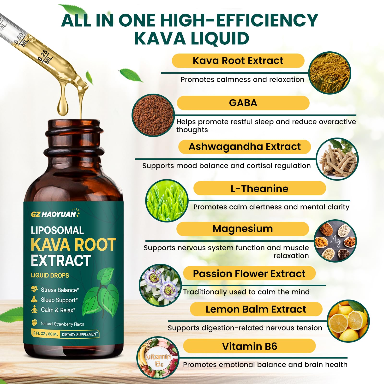 Liposomal Kava Kava Root Extract – High-Absorption Relaxation Drops | Vegan & Non-GMO, Strawberry Flavor