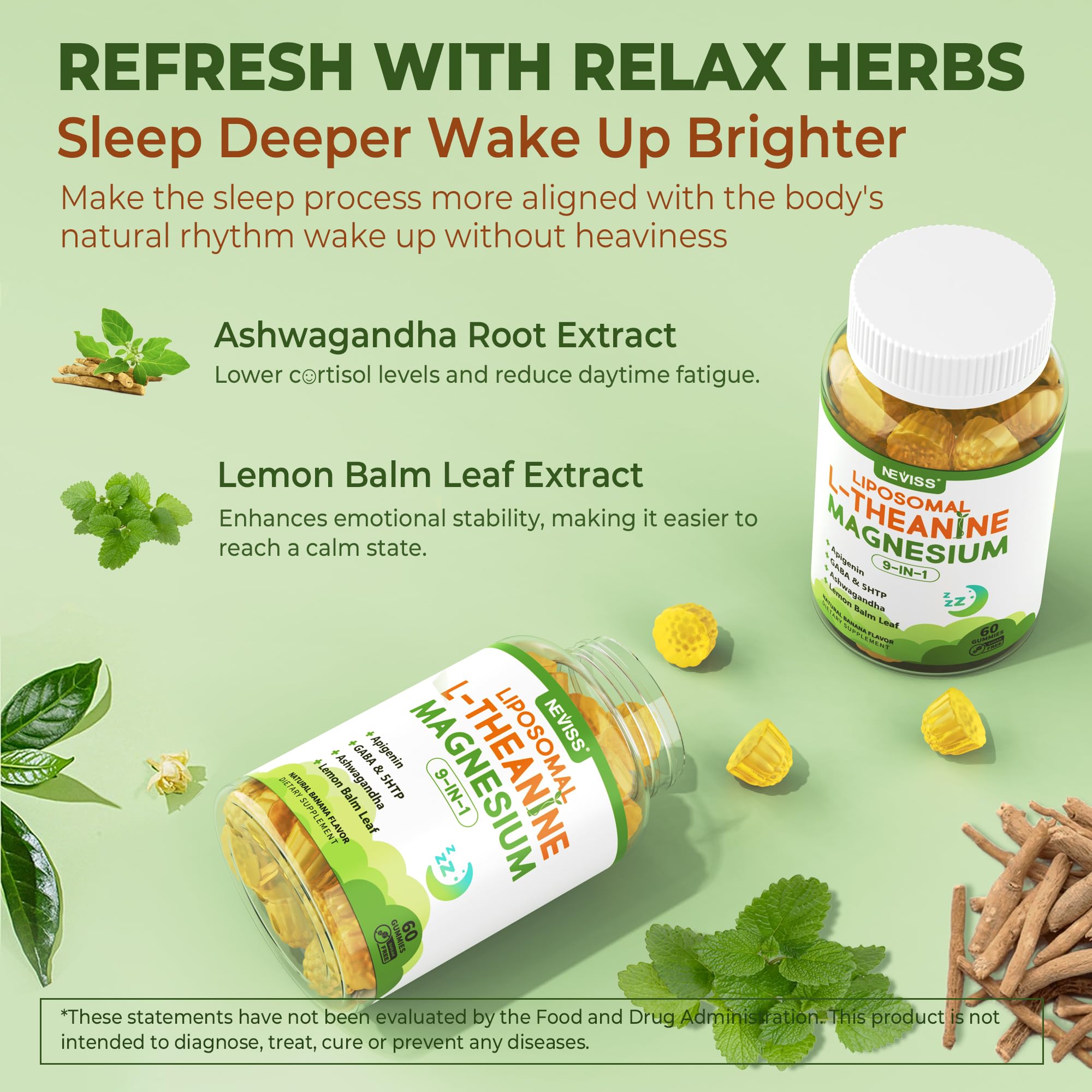Liposomal L-Theanine Magnesium Gummies 200mg with GABA, 5-HTP – Sleep & Relax (2 Packs)