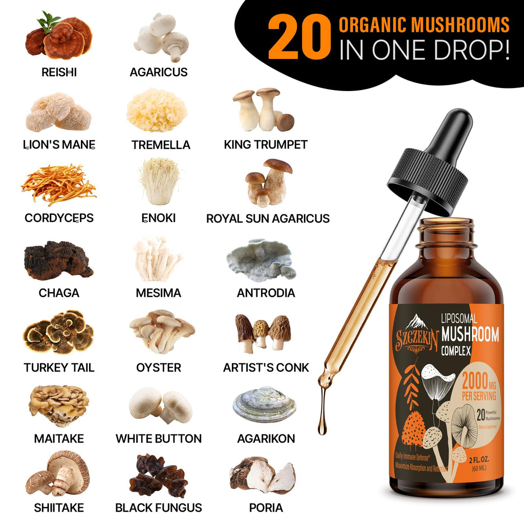 Liposomal Mushroom Drops 2000 MG – 20 Organic Extracts for Immunity & Focus