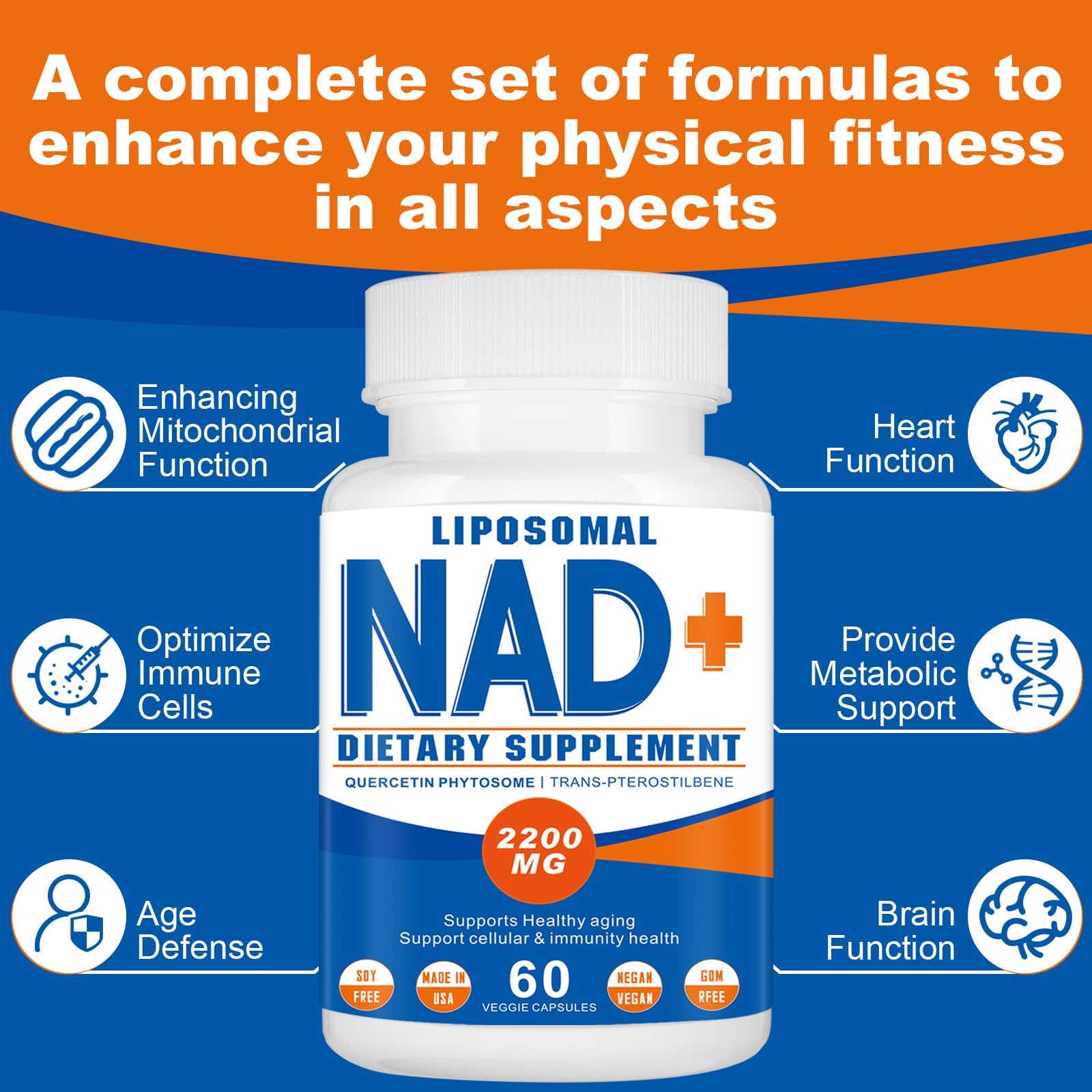 2200mg Liposomal NAD+ Supplement – NAD+ for Cellular Energy & Healthy Aging (180 Capsules)