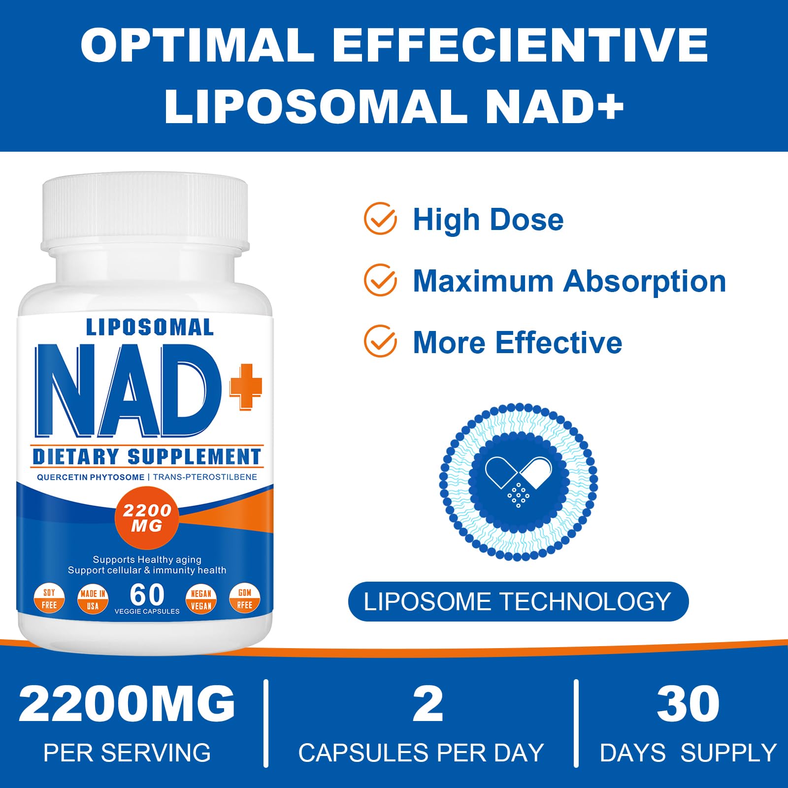 2200mg Liposomal NAD+ Supplement – NAD+ for Cellular Energy & Healthy Aging (180 Capsules)