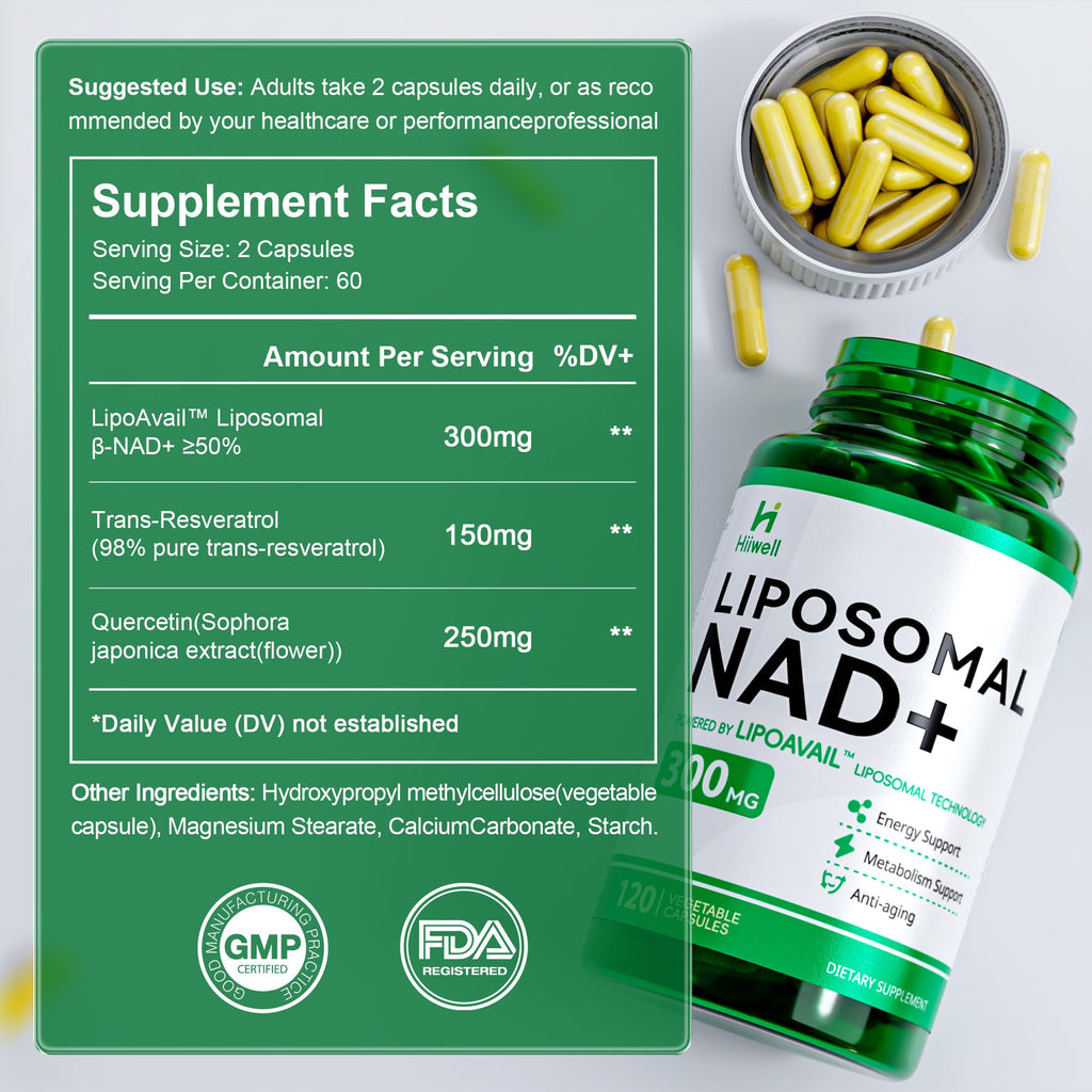 Liposomal NAD+ Supplement 300mg + Trans-Resveratrol & Quercetin – 120 Caps – Vegan
