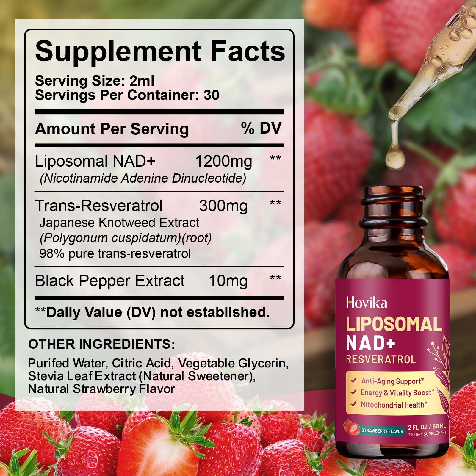 2 Pack Liposomal NAD+ Drops 1200mg - Strawberry Flavor, Resveratrol & Black Pepper