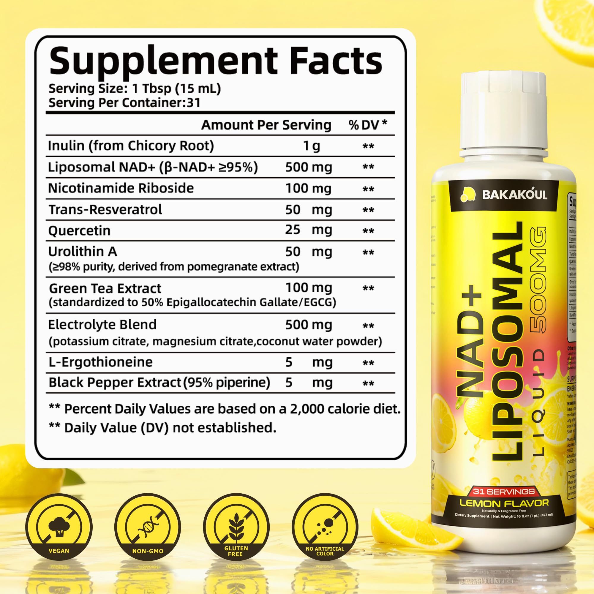 Liposomal NAD+ Liquid Supplement – Enhanced Cellular Uptake, Normal Cellular Health & Vitality (Lemon Flavor)
