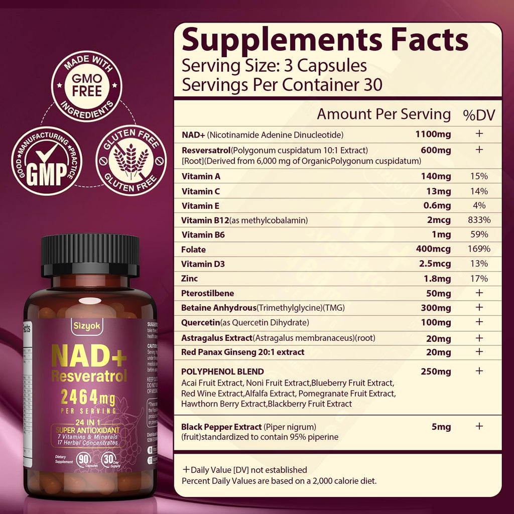 NAD Supplement 1100mg + Resveratrol 600mg | Liposomal NAD+ Capsules with Pterostilbene & Quercetin - Sizyok
