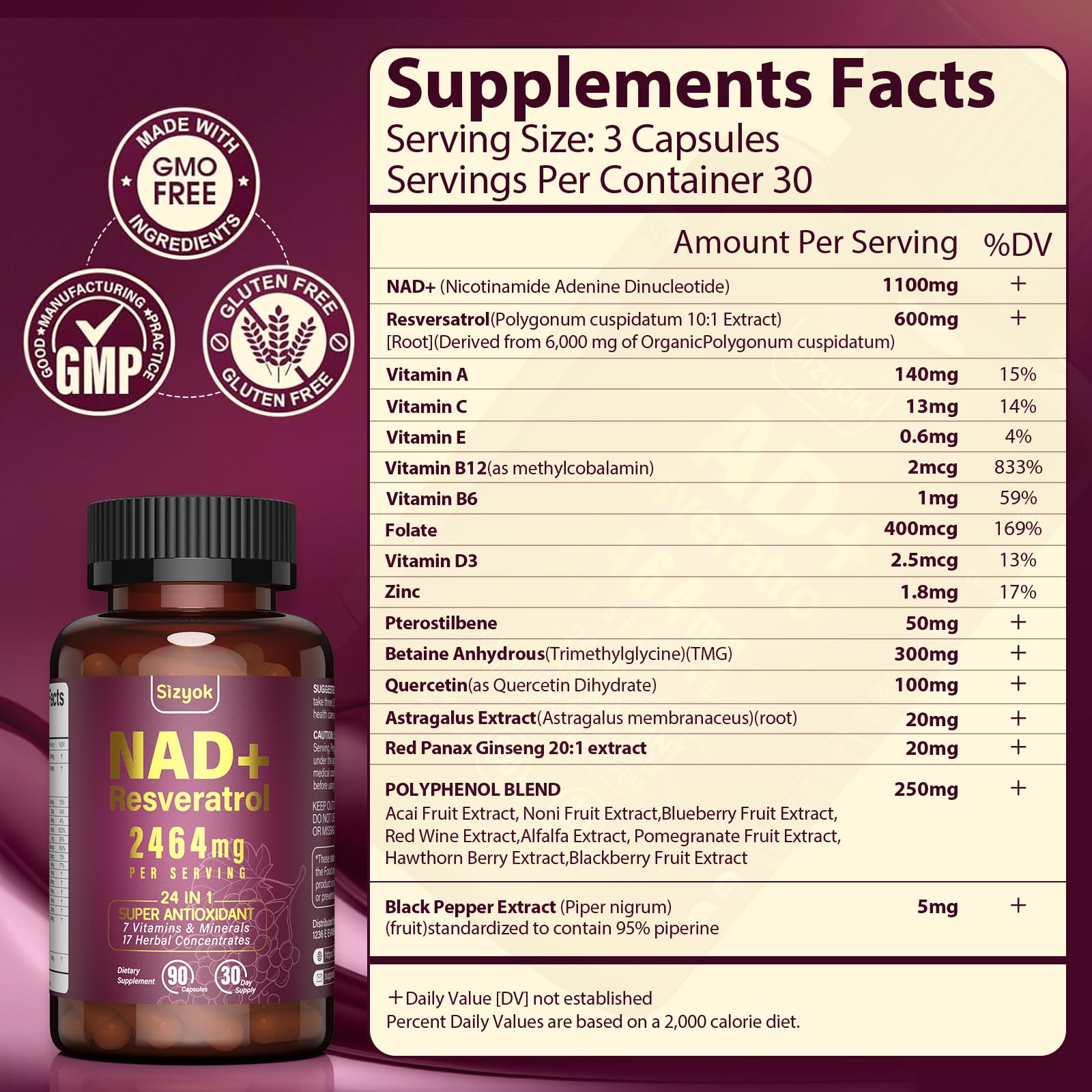 NAD Supplement 1100mg + Resveratrol 600mg | Liposomal NAD+ Capsules with Pterostilbene & Quercetin - Sizyok