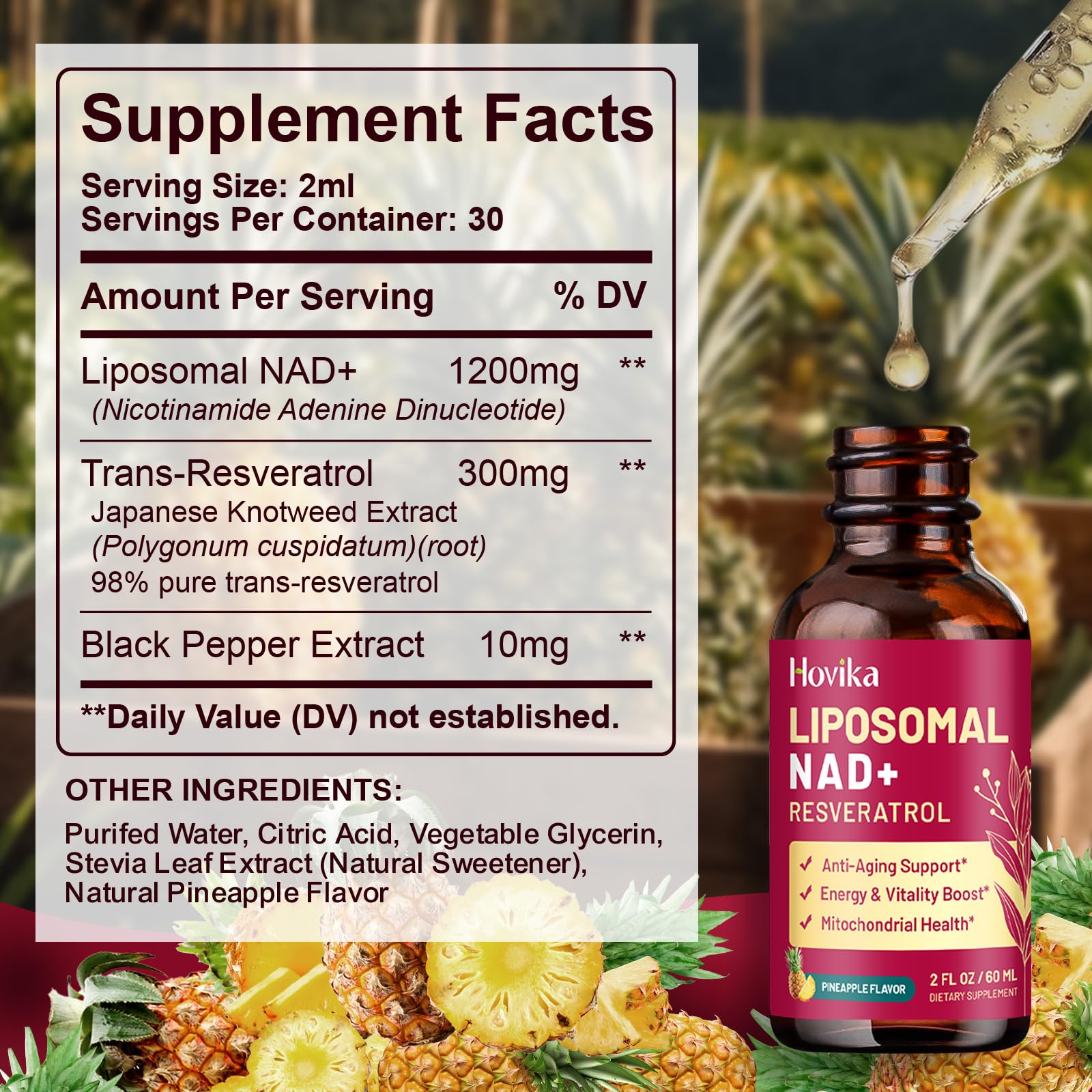 Liposomal NAD Supplement – 1200mg NAD+ Liquid Drops with Trans-Resveratrol & Black Pepper (Pineapple, 2 fl oz)