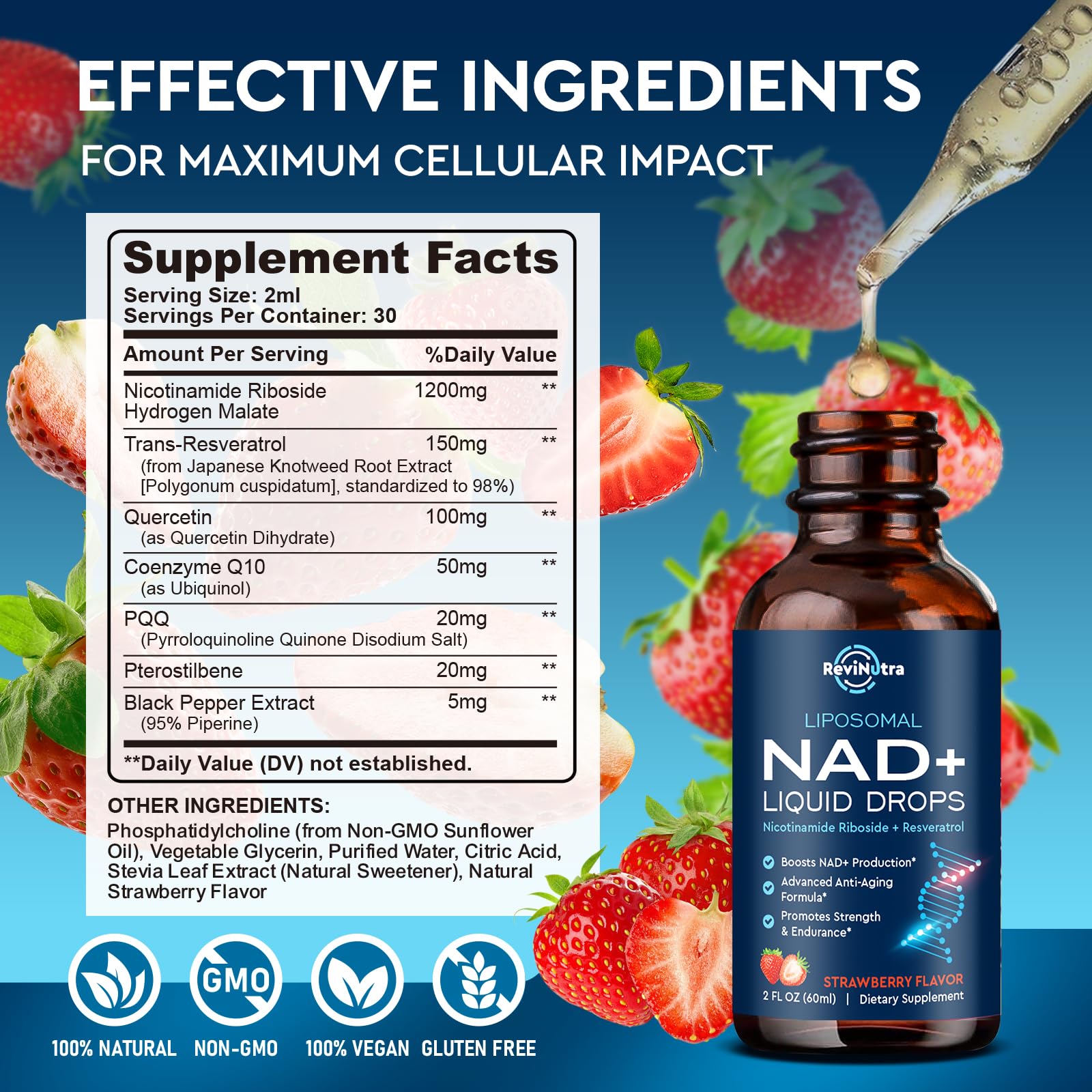 Liposomal NAD+ Liquid – NR, PQQ, Resveratrol, CoQ10 (Strawberry) 2 oz