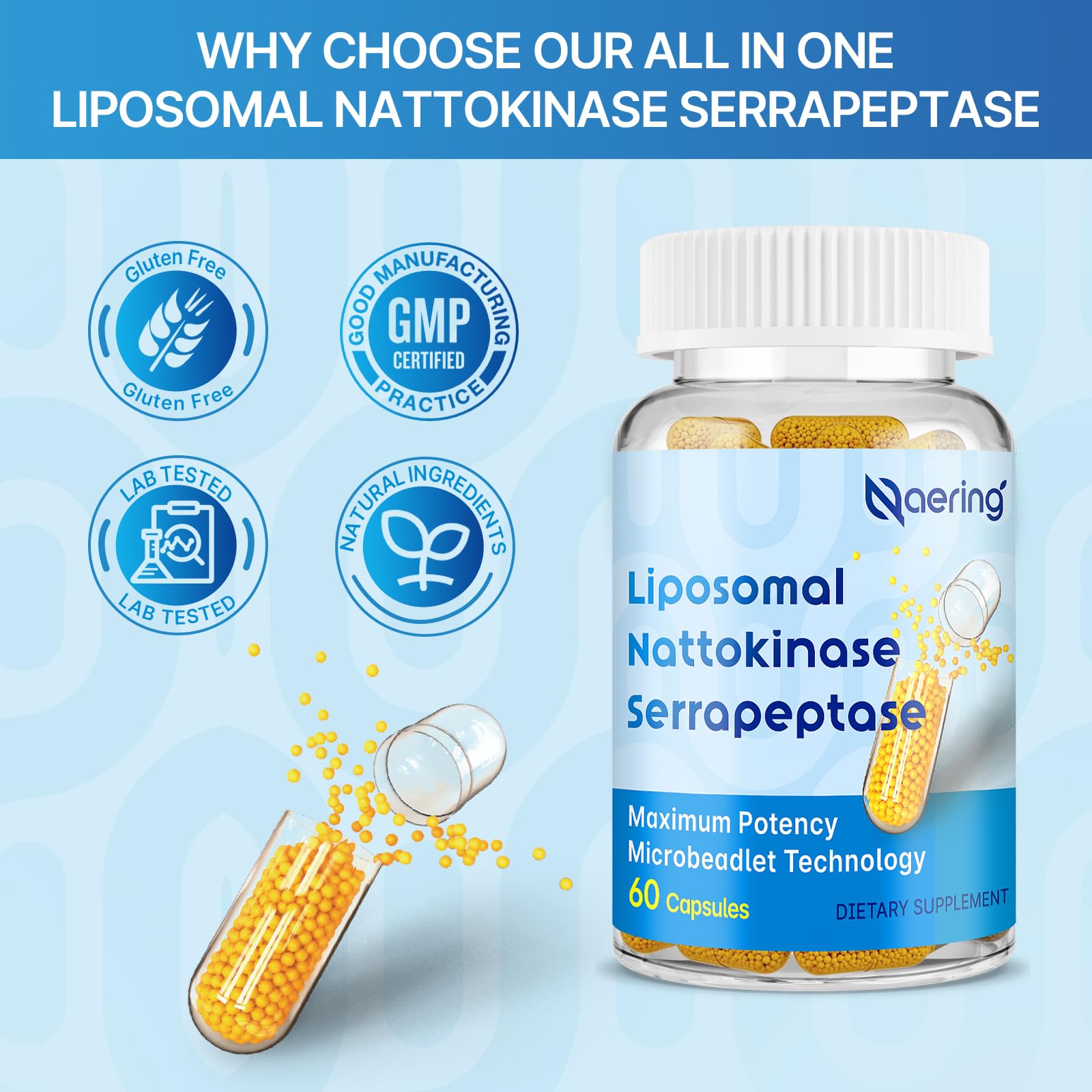 Naering Liposomal Nattokinase 12,000 FU + Serrapeptase 360,000 SPU – 60 Capsules (2 Bottles)