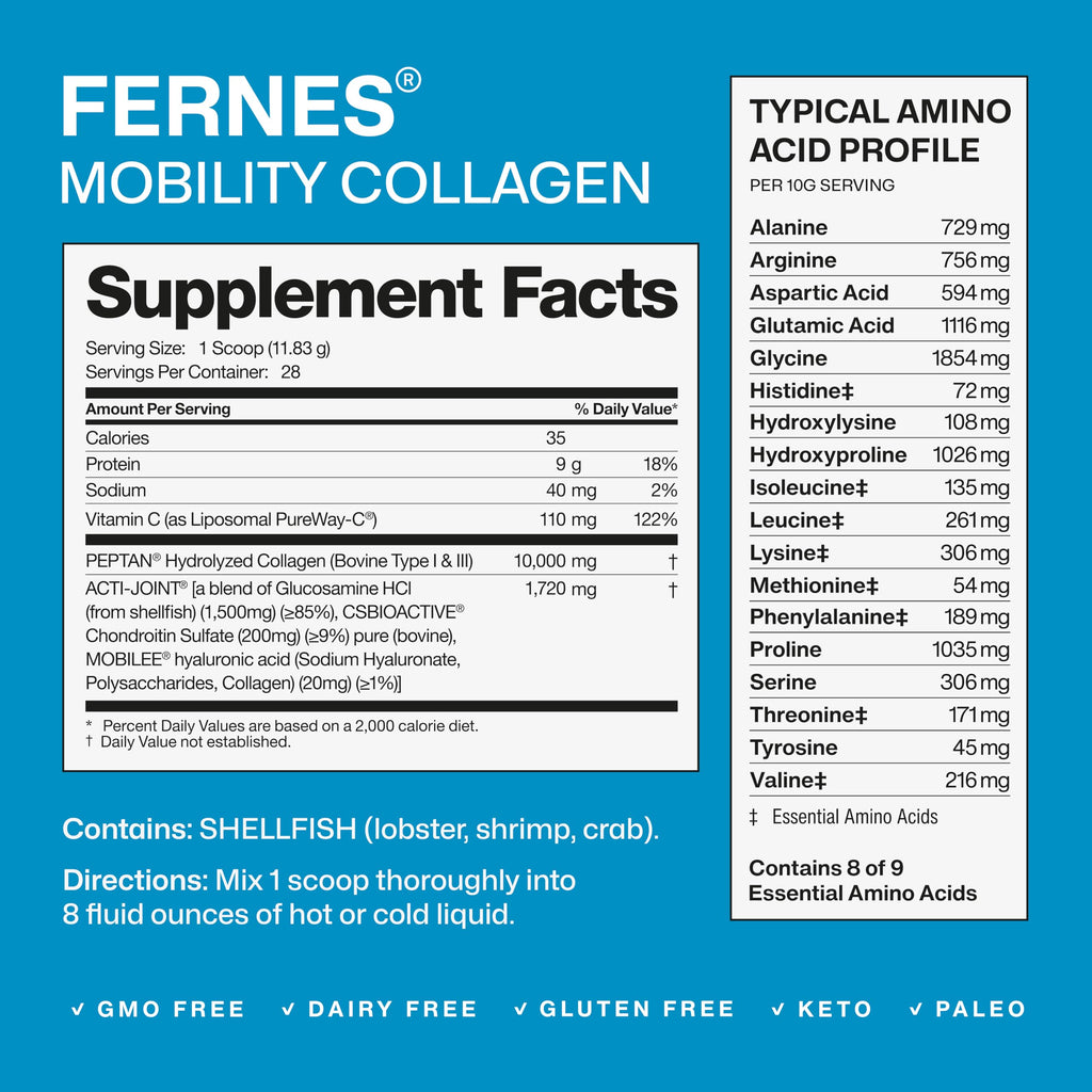 Fernes Mobility Collagen Peptides Powder – Acti-Joint with Glucosamine, Chondroitin & Hyaluronic Acid + Liposomal Vitamin C | Grass-Fed Type I & III | 56 Servings