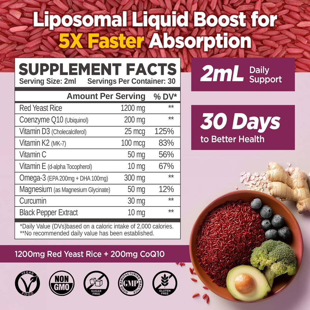 Liposomal Red Yeast Rice + CoQ10 Liquid Drops 1200mg – Heart Health