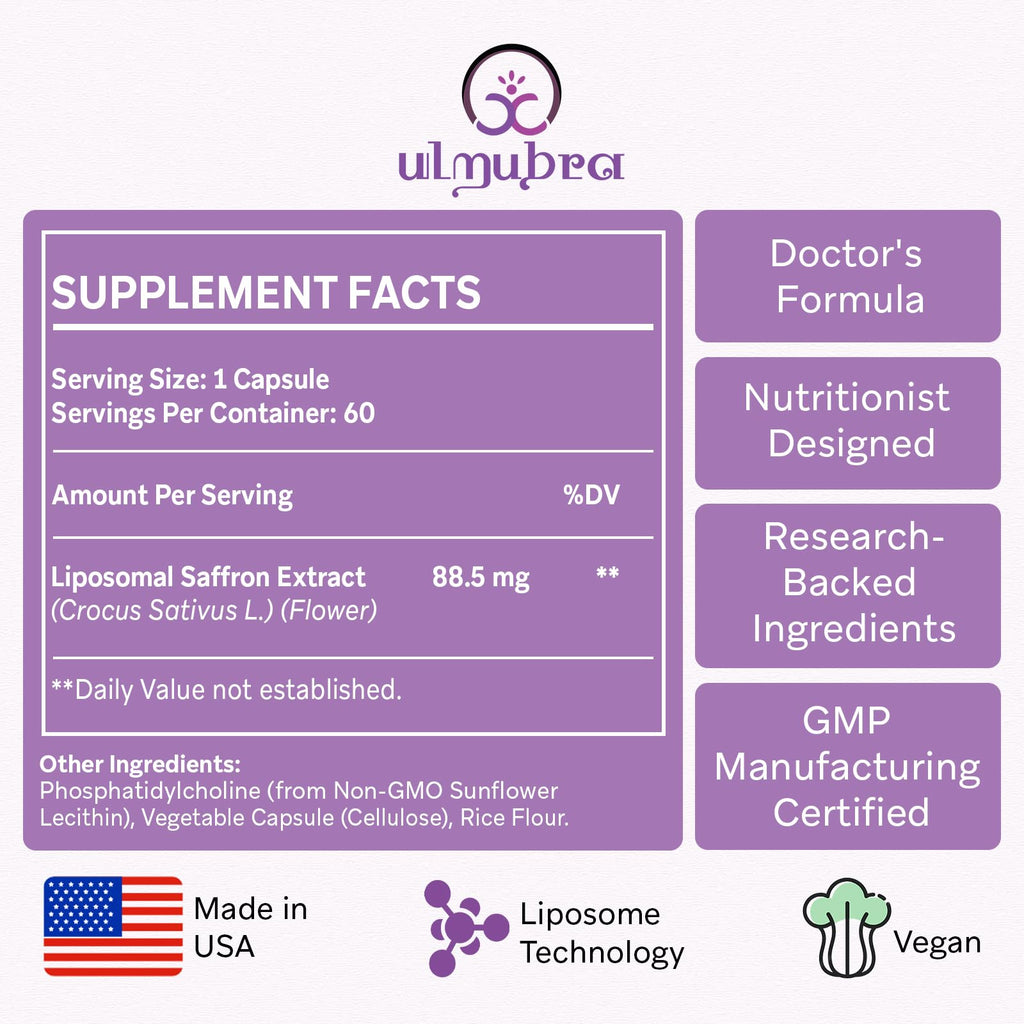 Liposomal Saffron 88.5 mg | 120 Vegan Capsules | Mood, Focus & Energy