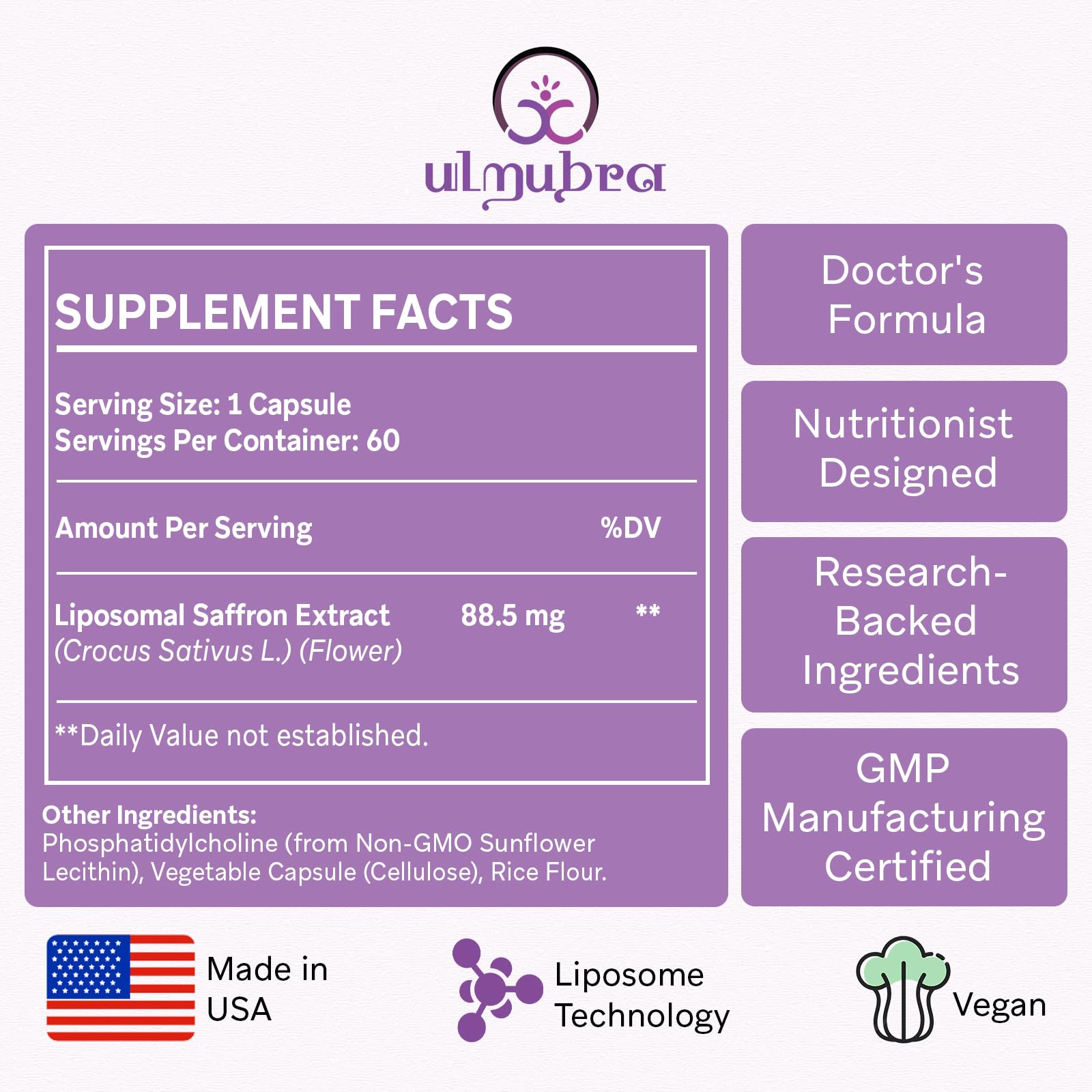 Liposomal Saffron 88.5 mg | 120 Vegan Capsules | Mood, Focus & Energy