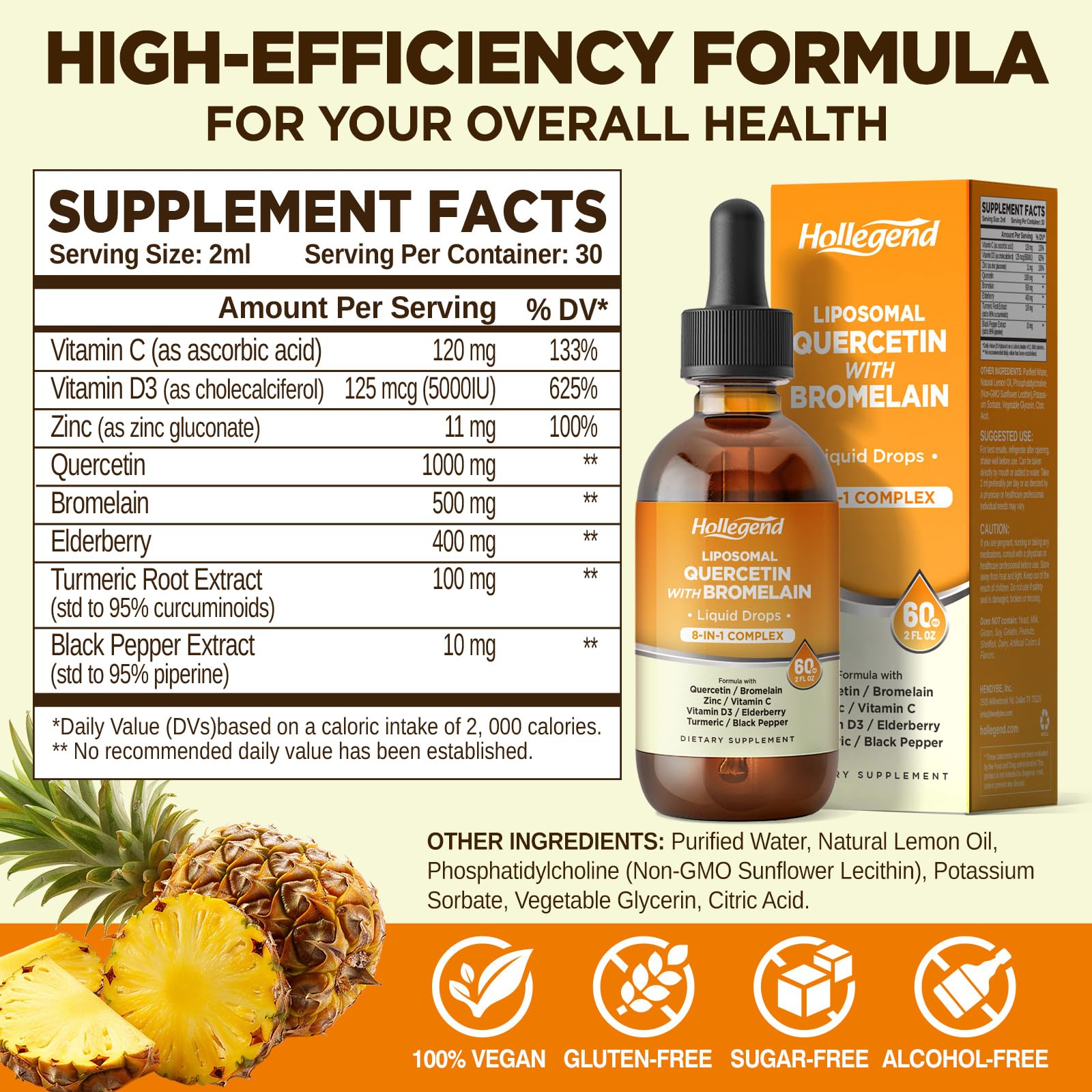 Liposomal Quercetin with Bromelain Liquid Drops – 8-in-1 Organic Immune Support (2 oz)