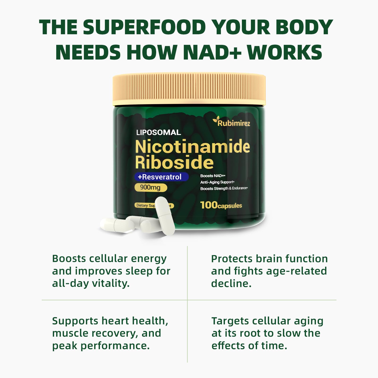 NAD+ Supplement with Nicotinamide Riboside & Resveratrol 900mg – Anti-Aging Support (Vegan, Non-GMO) 100 Capsules