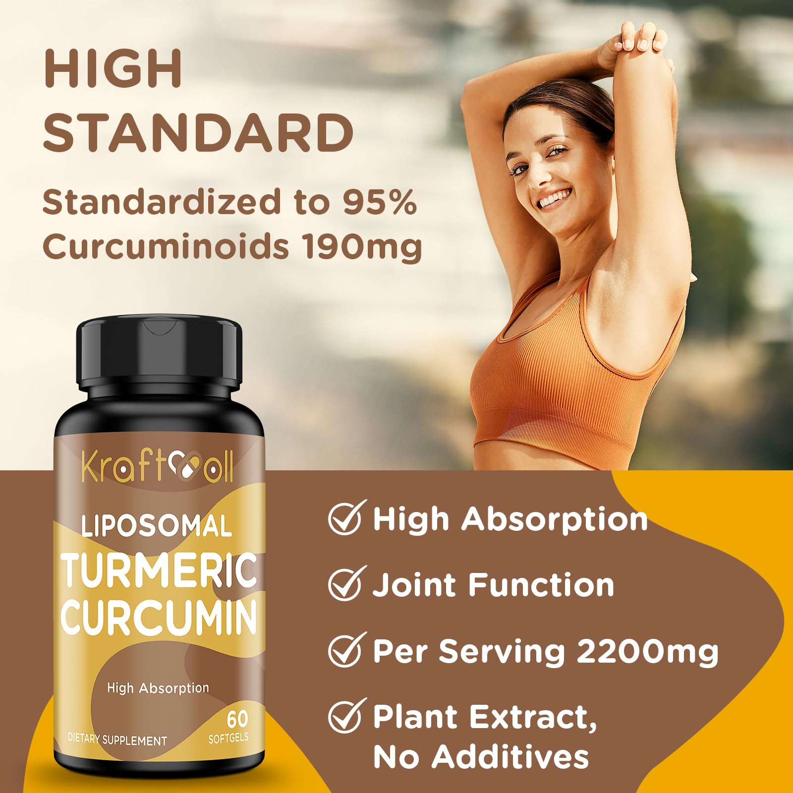 Liposomal Turmeric Curcumin Supplement 2200 mg with Black Pepper Extract 15 mg - 60 Softgels