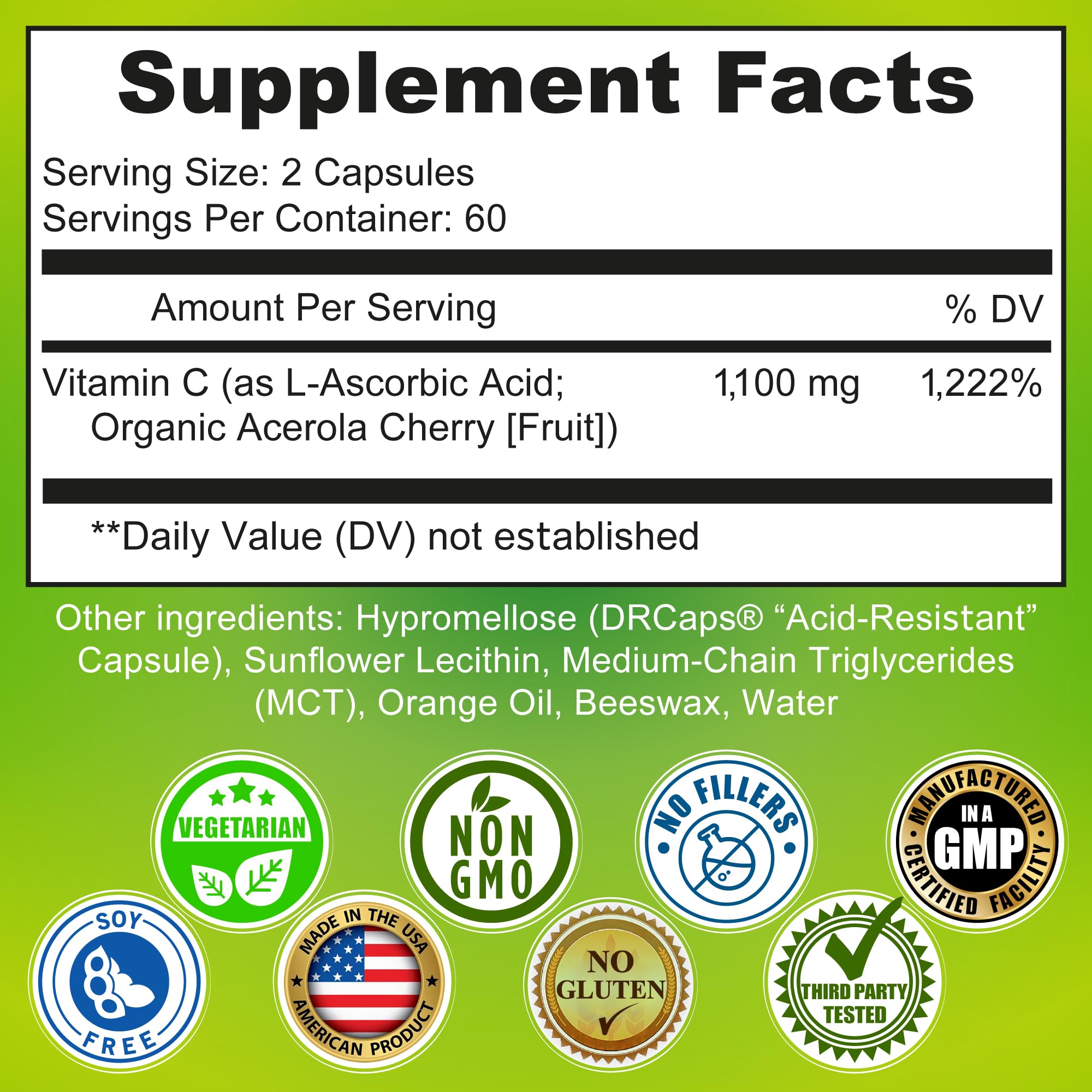 Liposomal Vitamin C 1100mg Liquid Gel Capsules – Organic Acerola Cherries | 120 ct