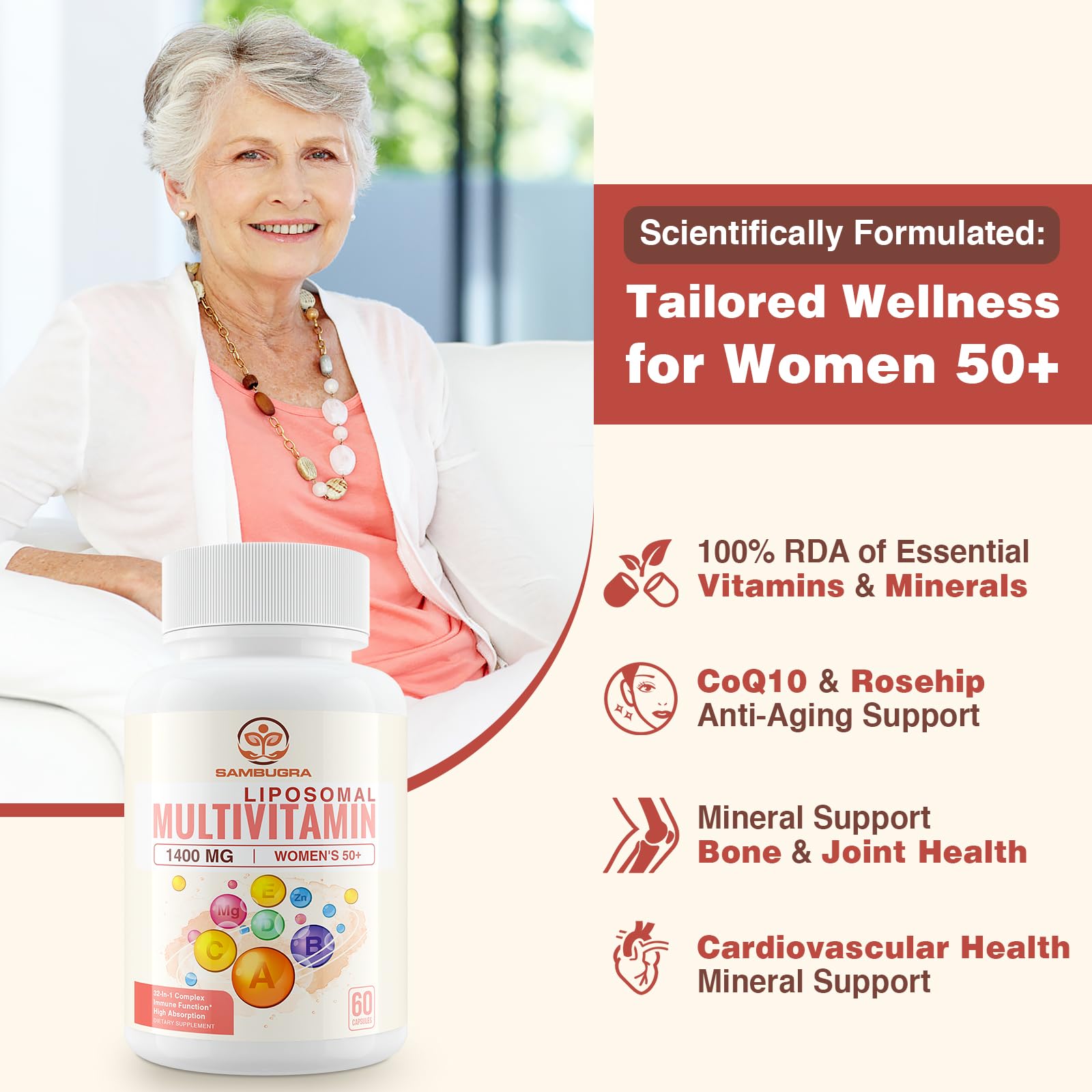 Liposomal Multivitamin for Women 50+ - Iron-Free 120 Capsules | CoQ10 & Bone Health