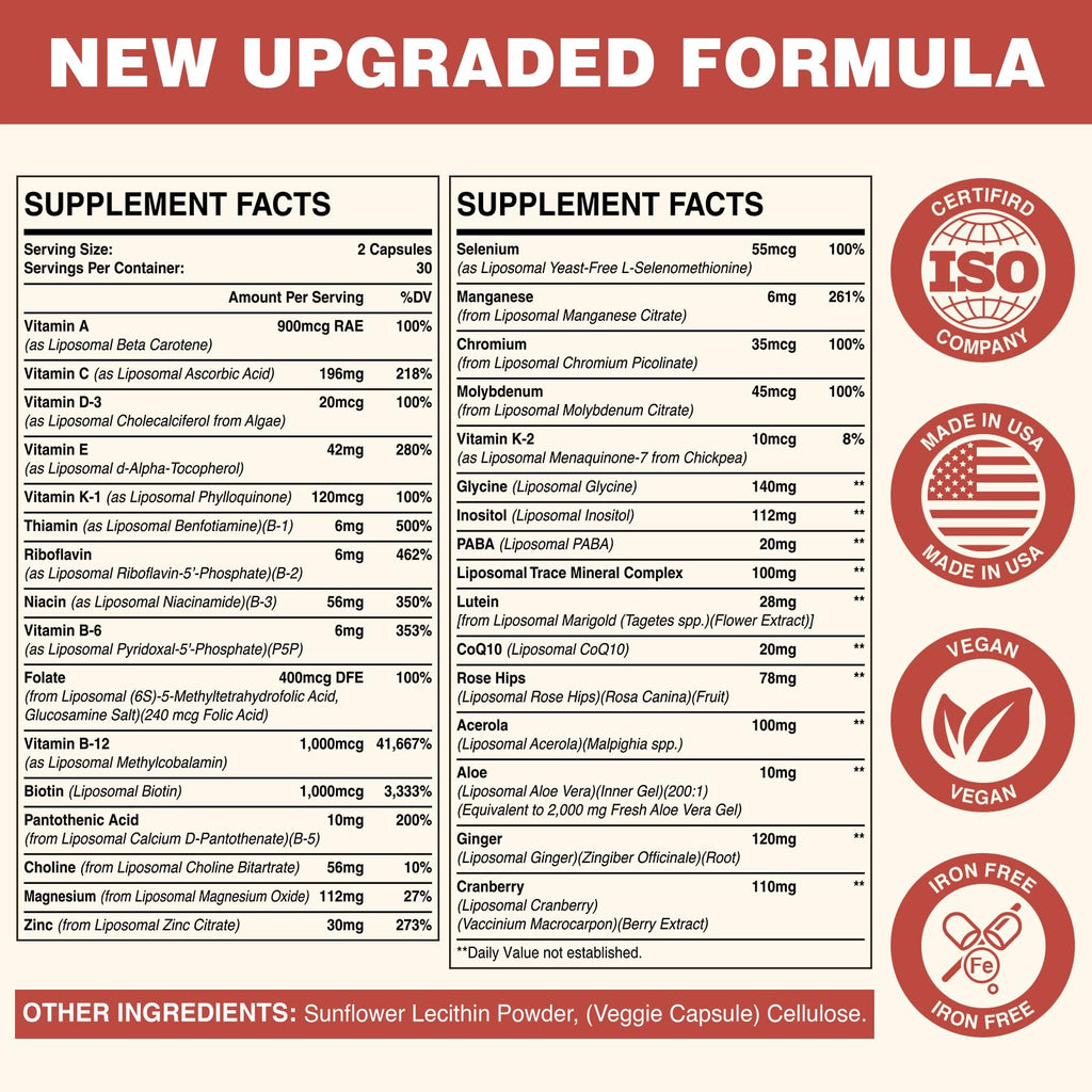 Liposomal Multivitamin for Women 50+ - Iron-Free 120 Capsules | CoQ10 & Bone Health
