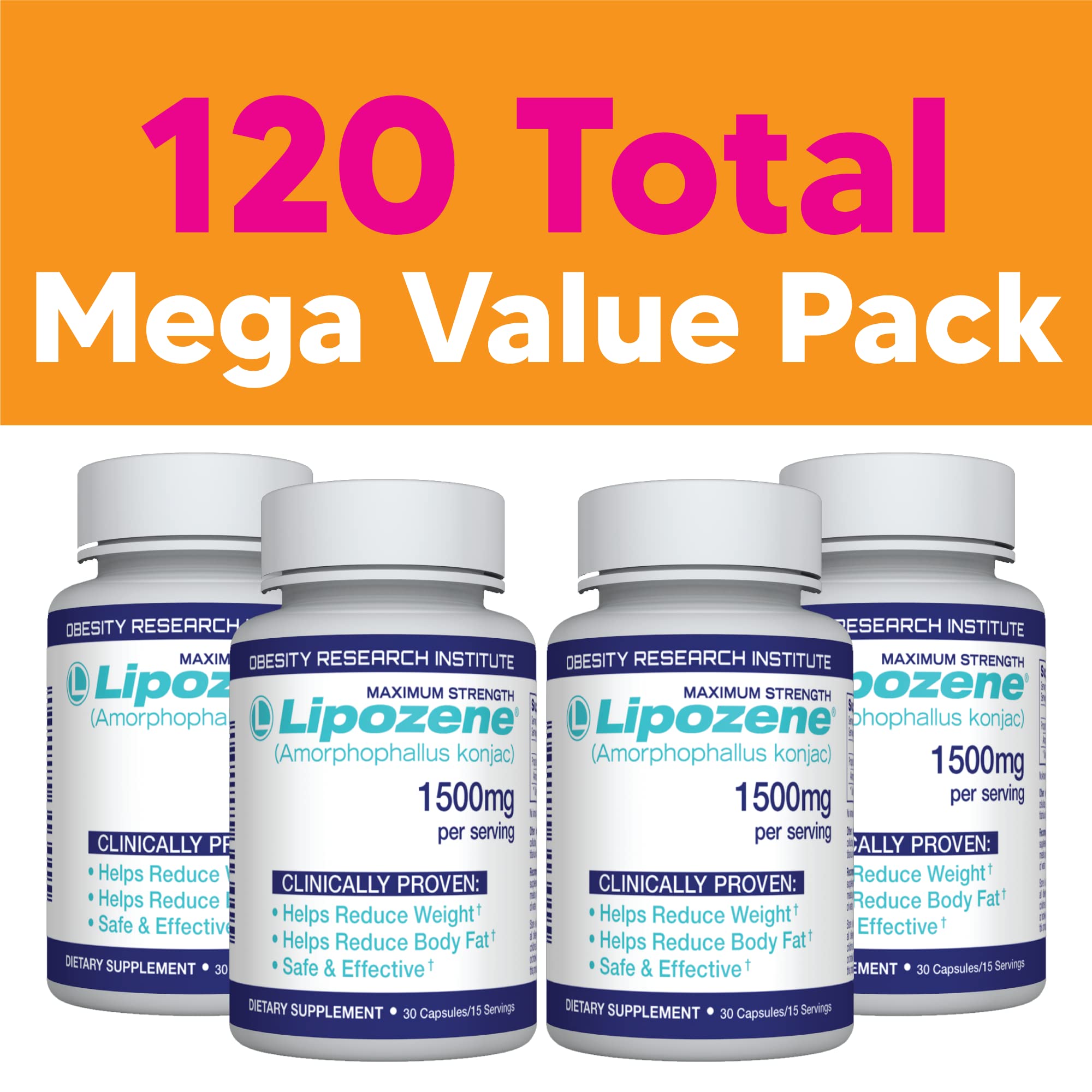 Lipozene Diet Pills – 4 Bottles (120 Capsules) Fiber-Based Appetite Control
