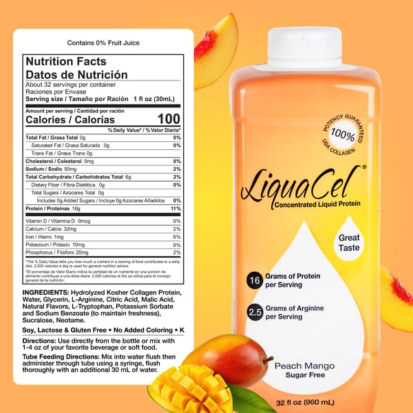 LiquaCel Concentrated Liquid Protein – Peach Mango, 32 oz Bottle, 6-Pack | 16 g Collagen + 2.5 g Arginine per 1 oz