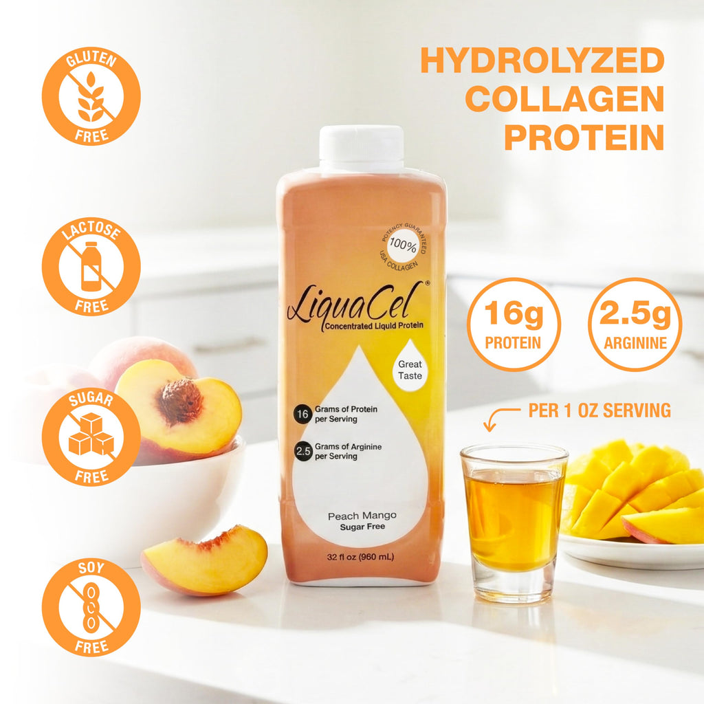 LiquaCel Concentrated Liquid Protein – Peach Mango, 32 oz Bottle, 6-Pack | 16 g Collagen + 2.5 g Arginine per 1 oz